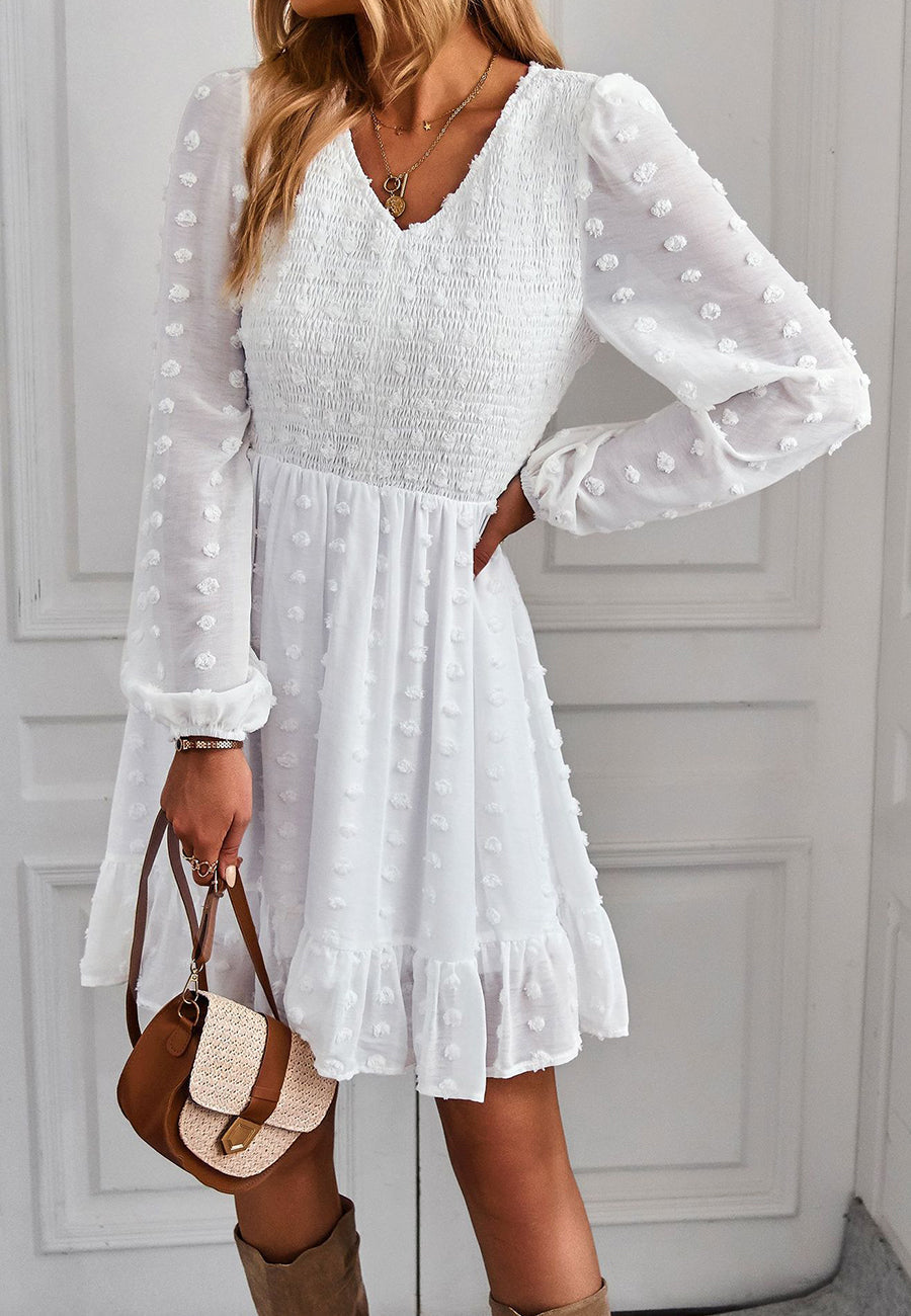 V Neck Shirred Swiss Dot Dress