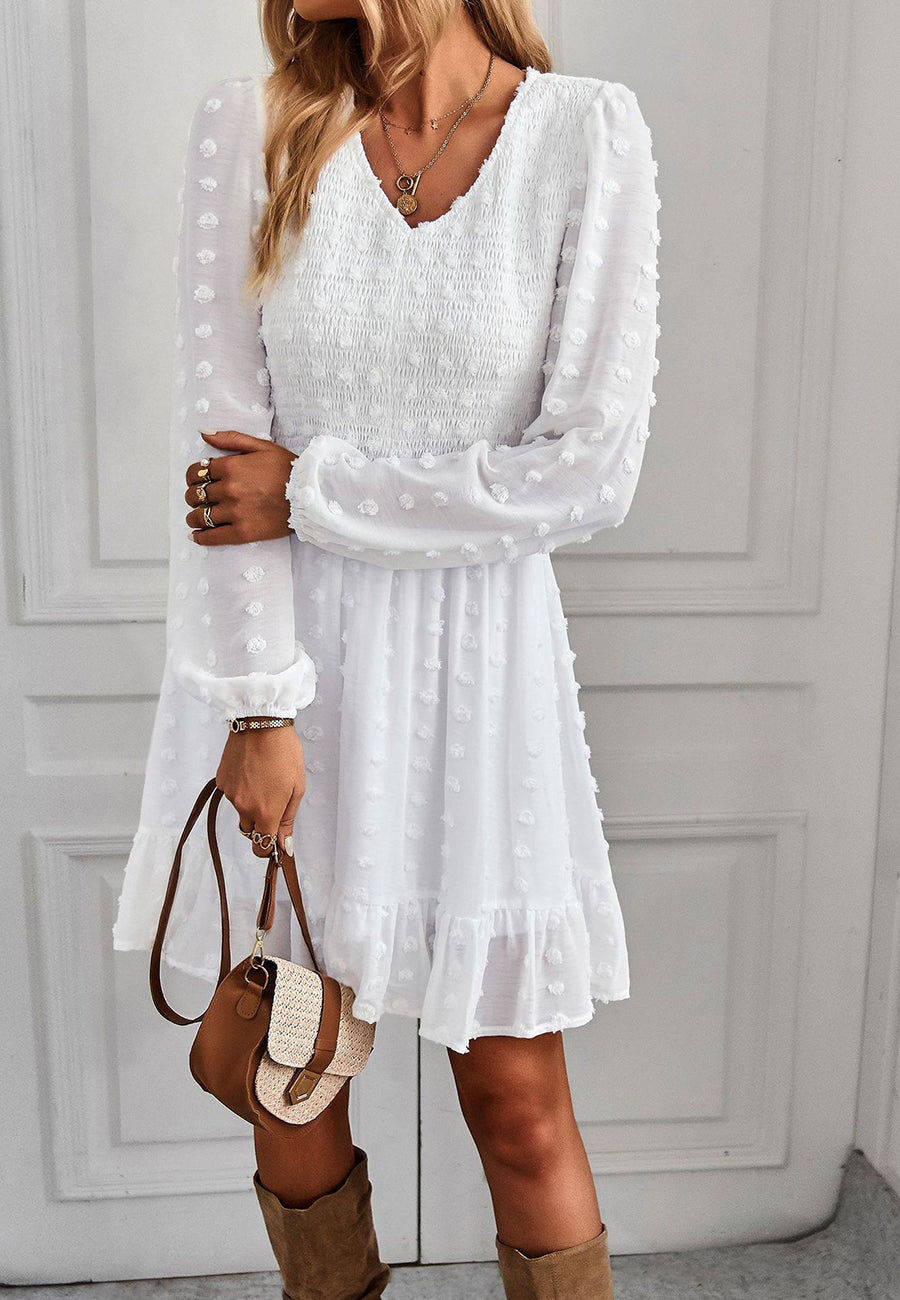 V Neck Shirred Swiss Dot Dress