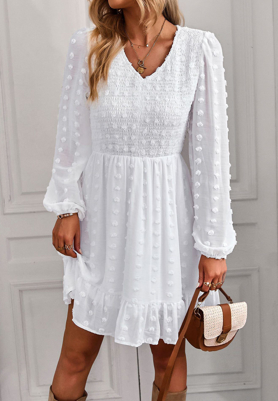 V Neck Shirred Swiss Dot Dress