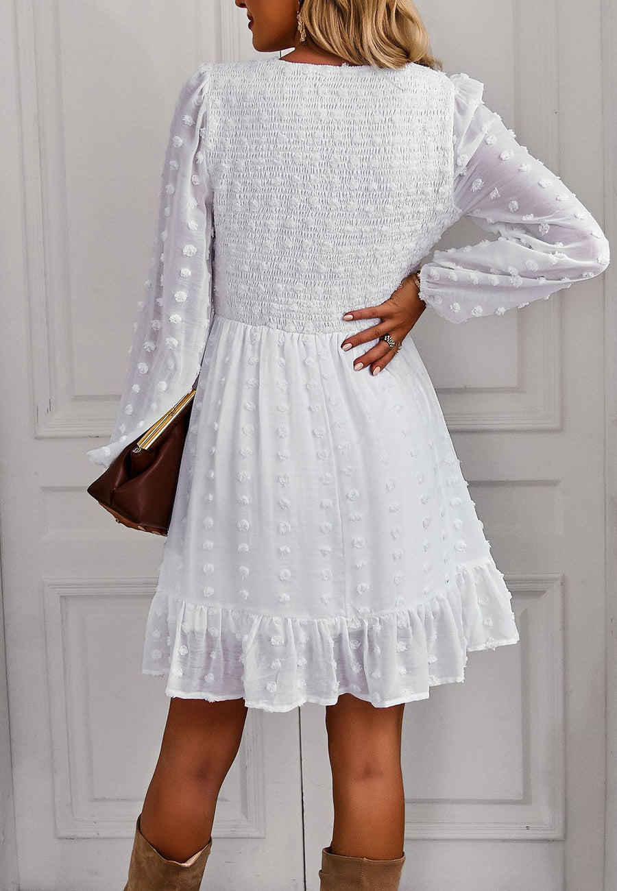 V Neck Shirred Swiss Dot Dress