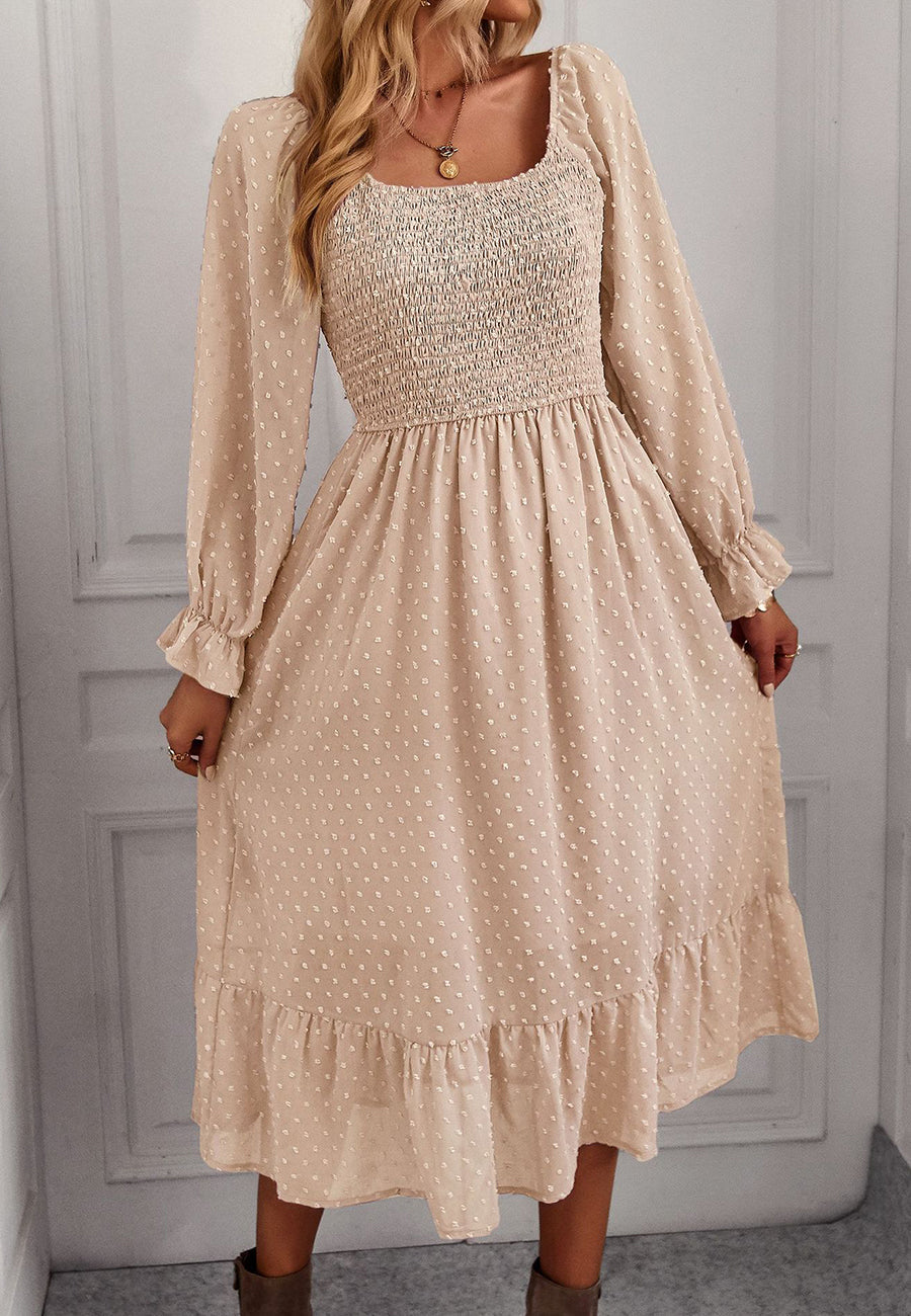 Square Neck Swiss Dot Midi Dress