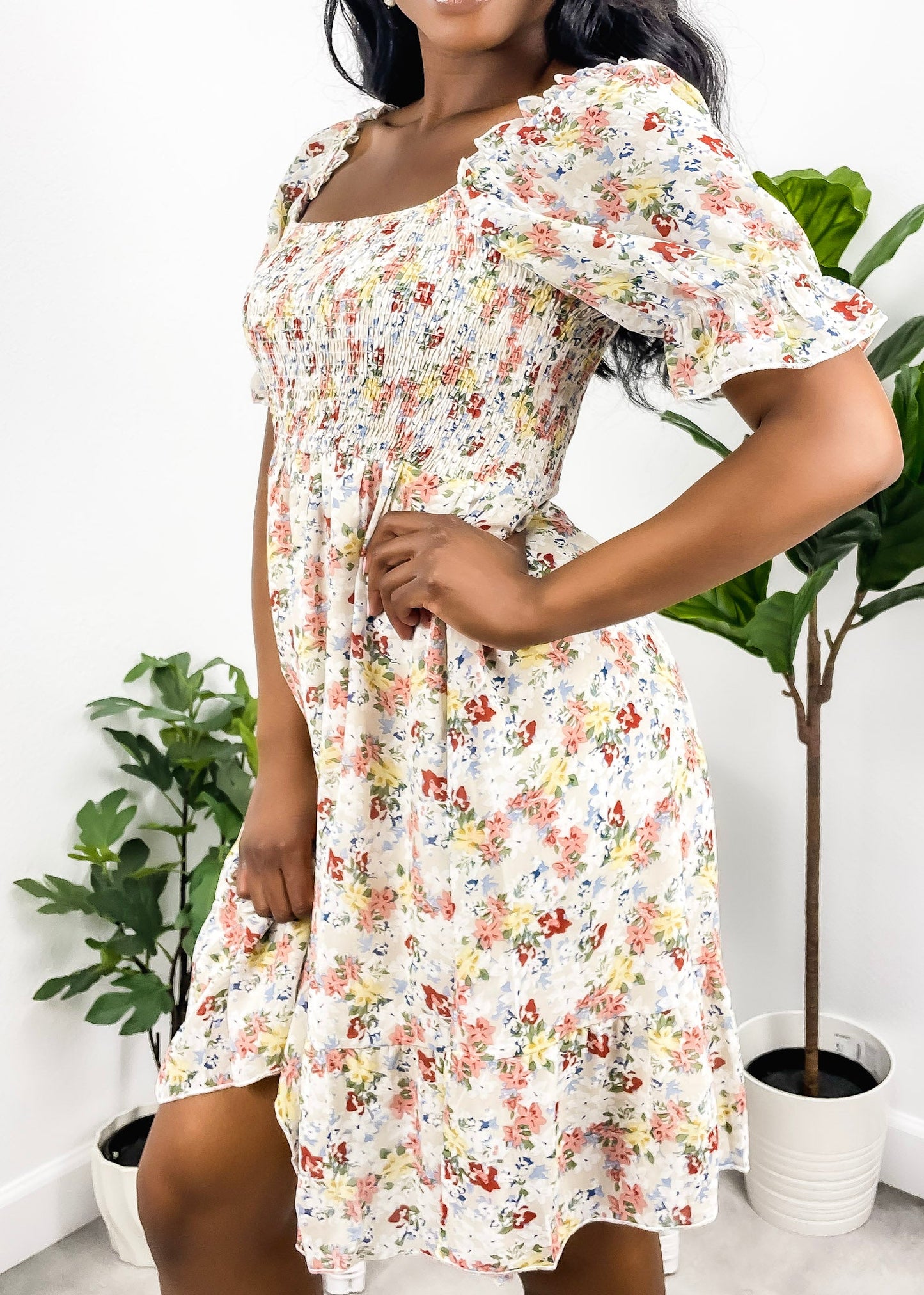 Square Neck Floral Puff Sleeve Dress