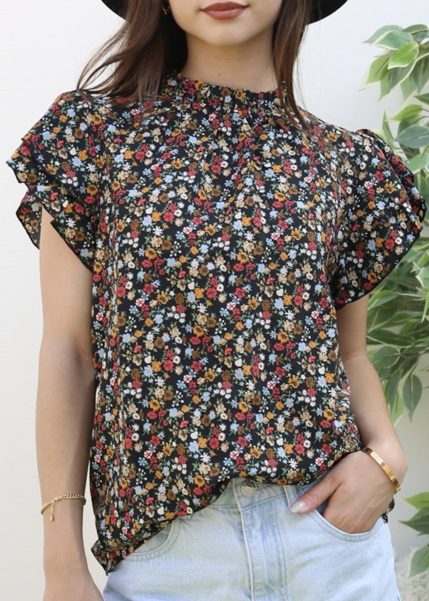 High Neck Tiered Sleeve Blouse