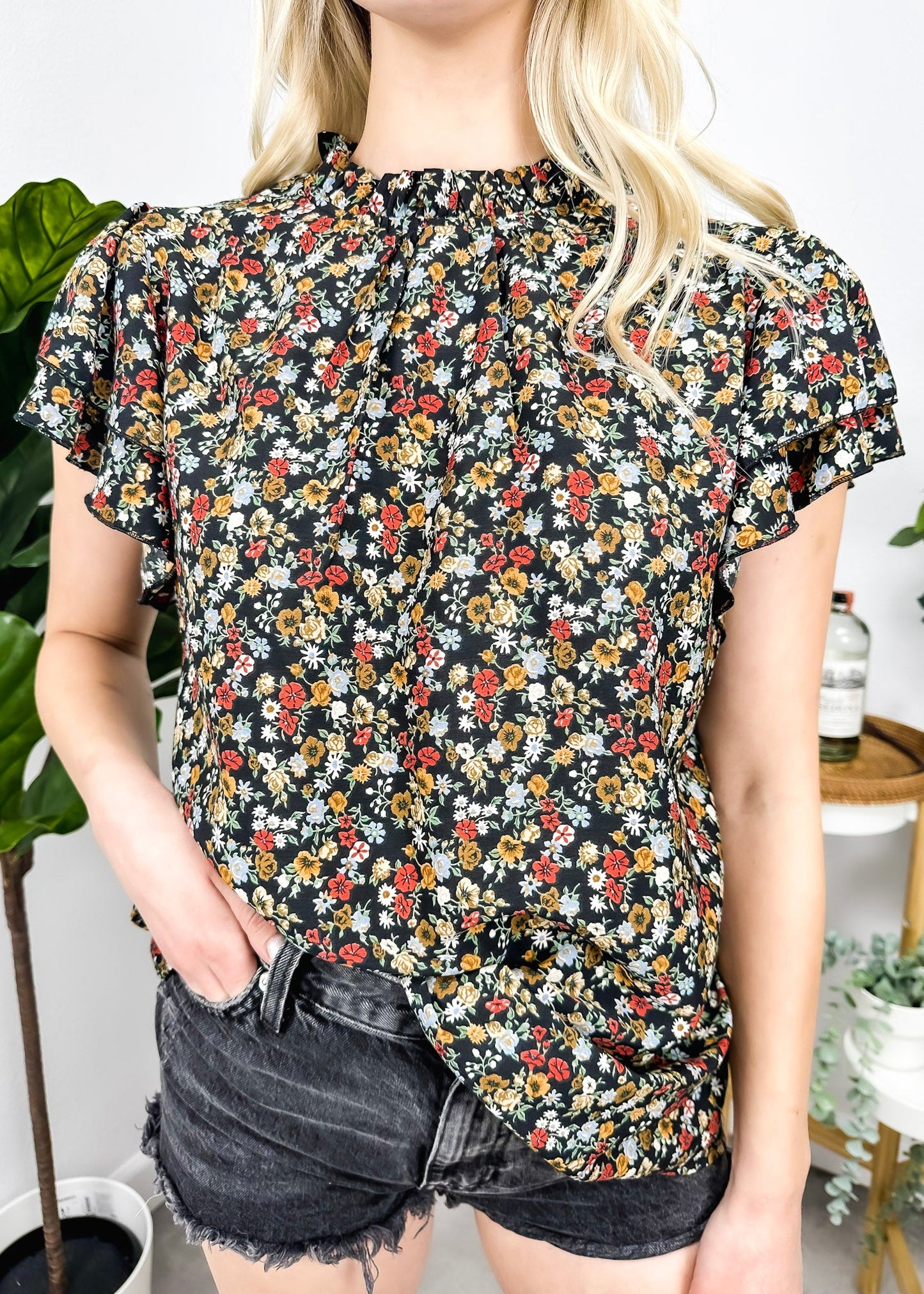 High Neck Tiered Sleeve Blouse