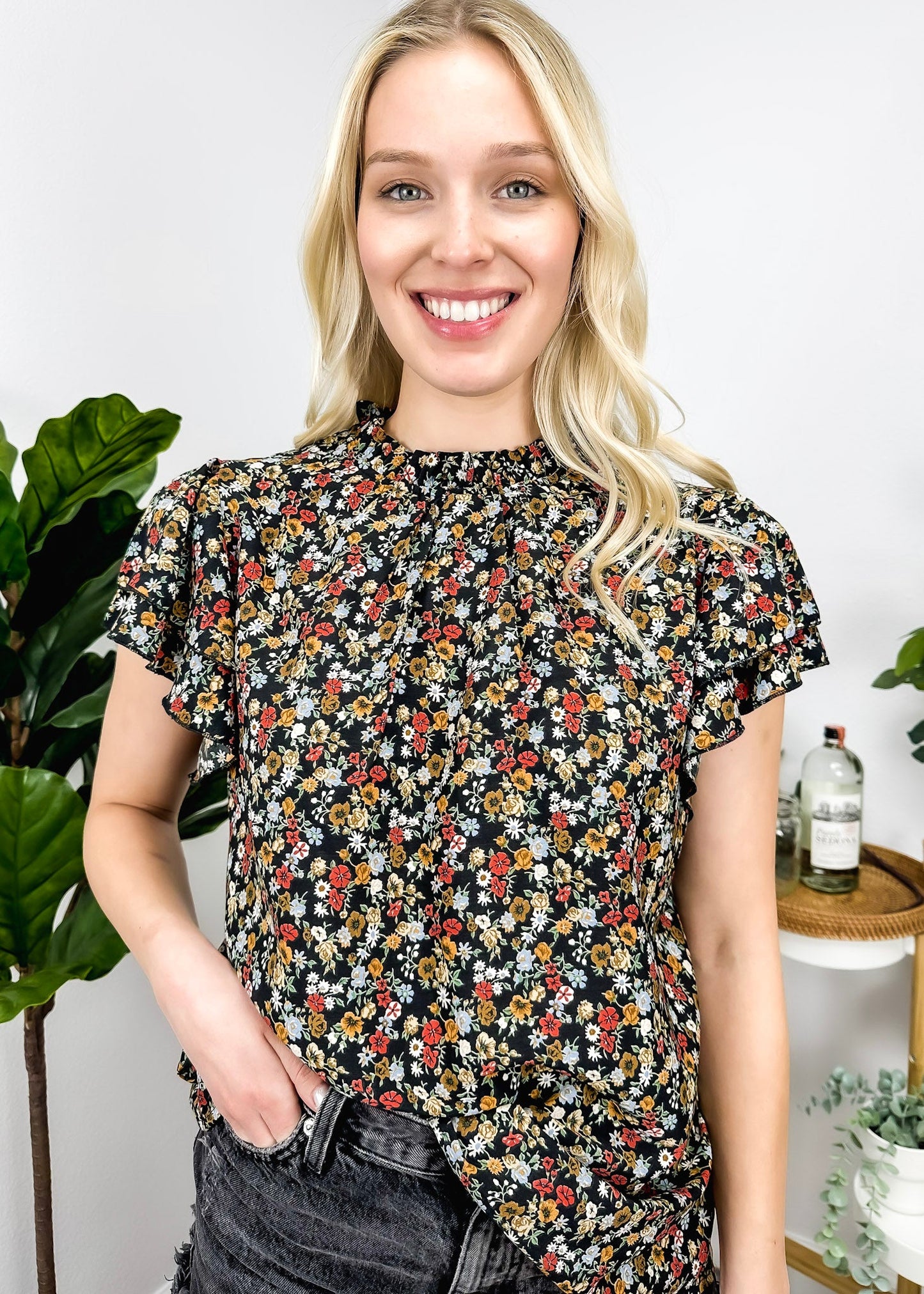High Neck Tiered Sleeve Blouse