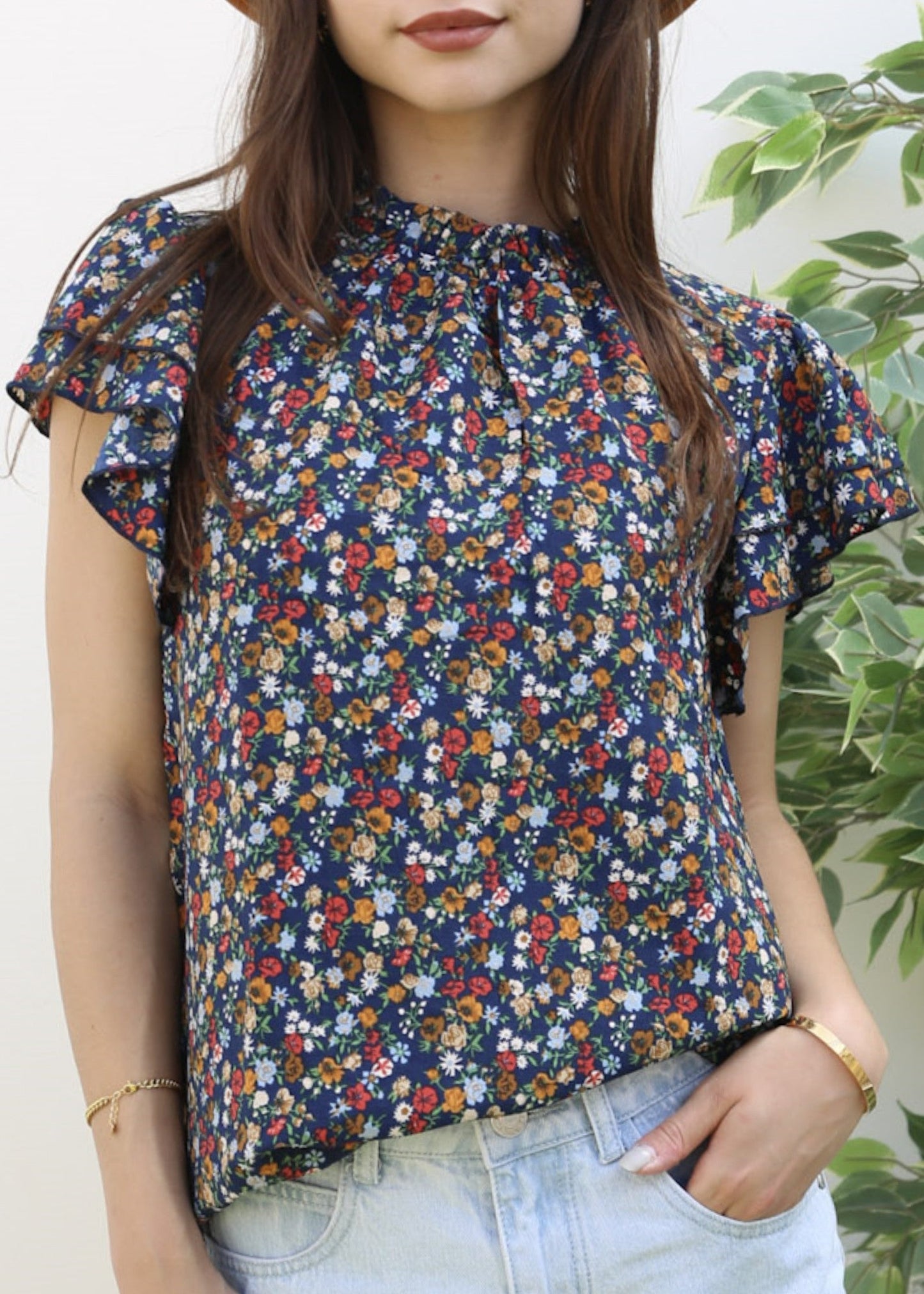 High Neck Tiered Sleeve Blouse