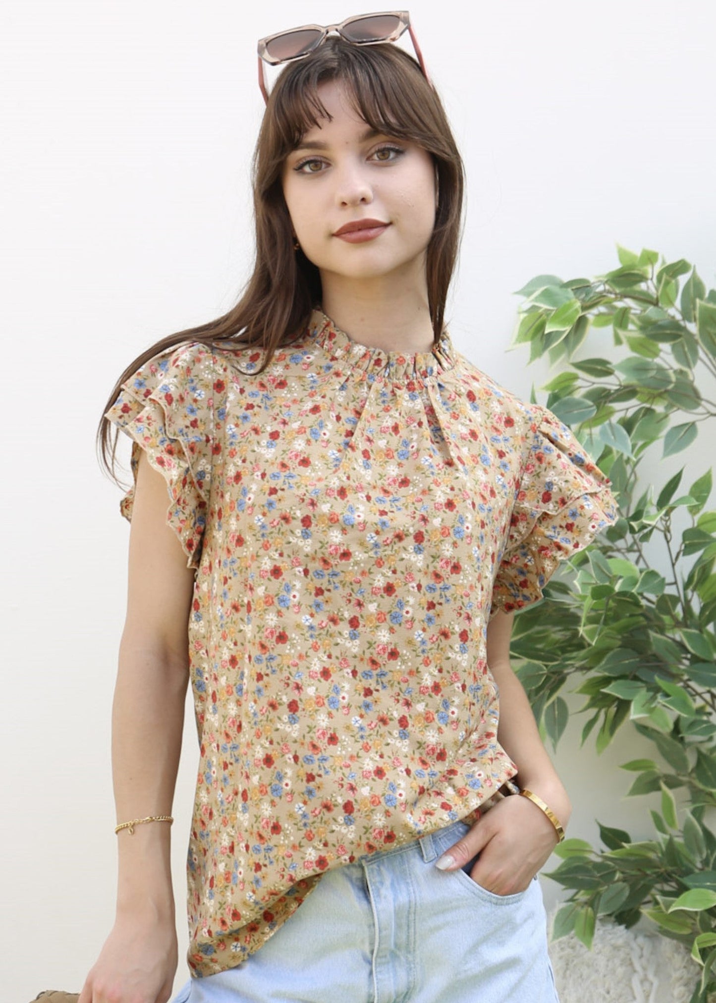 High Neck Tiered Sleeve Blouse