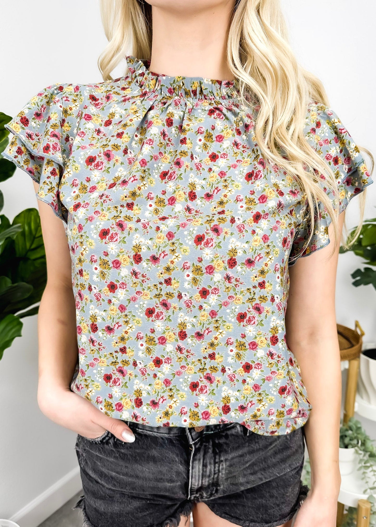 High Neck Tiered Sleeve Blouse