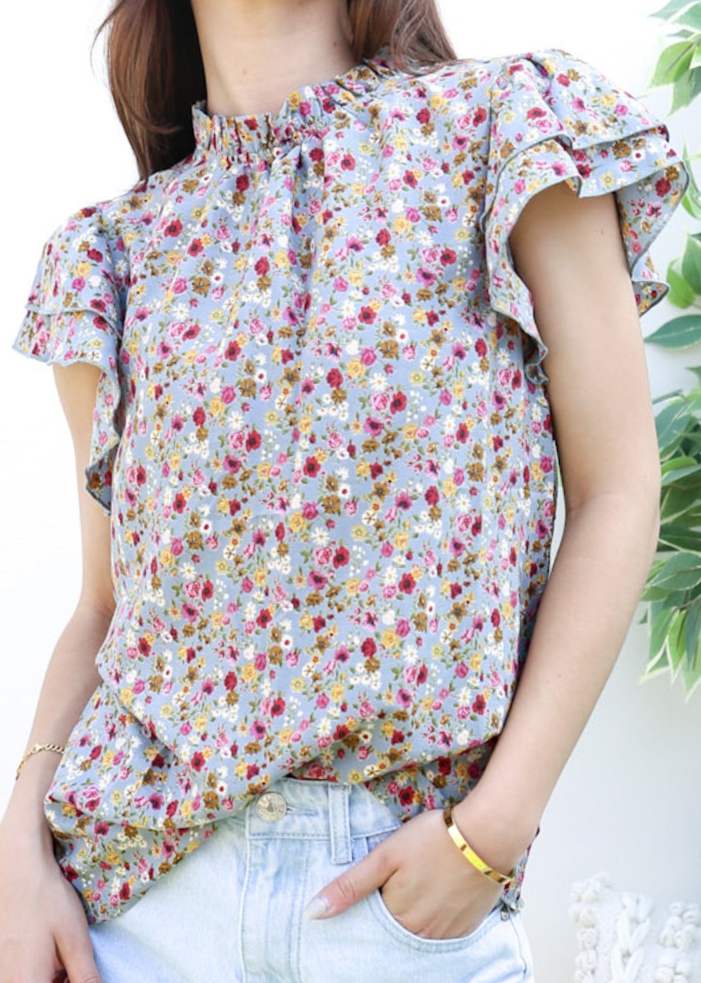 High Neck Tiered Sleeve Blouse
