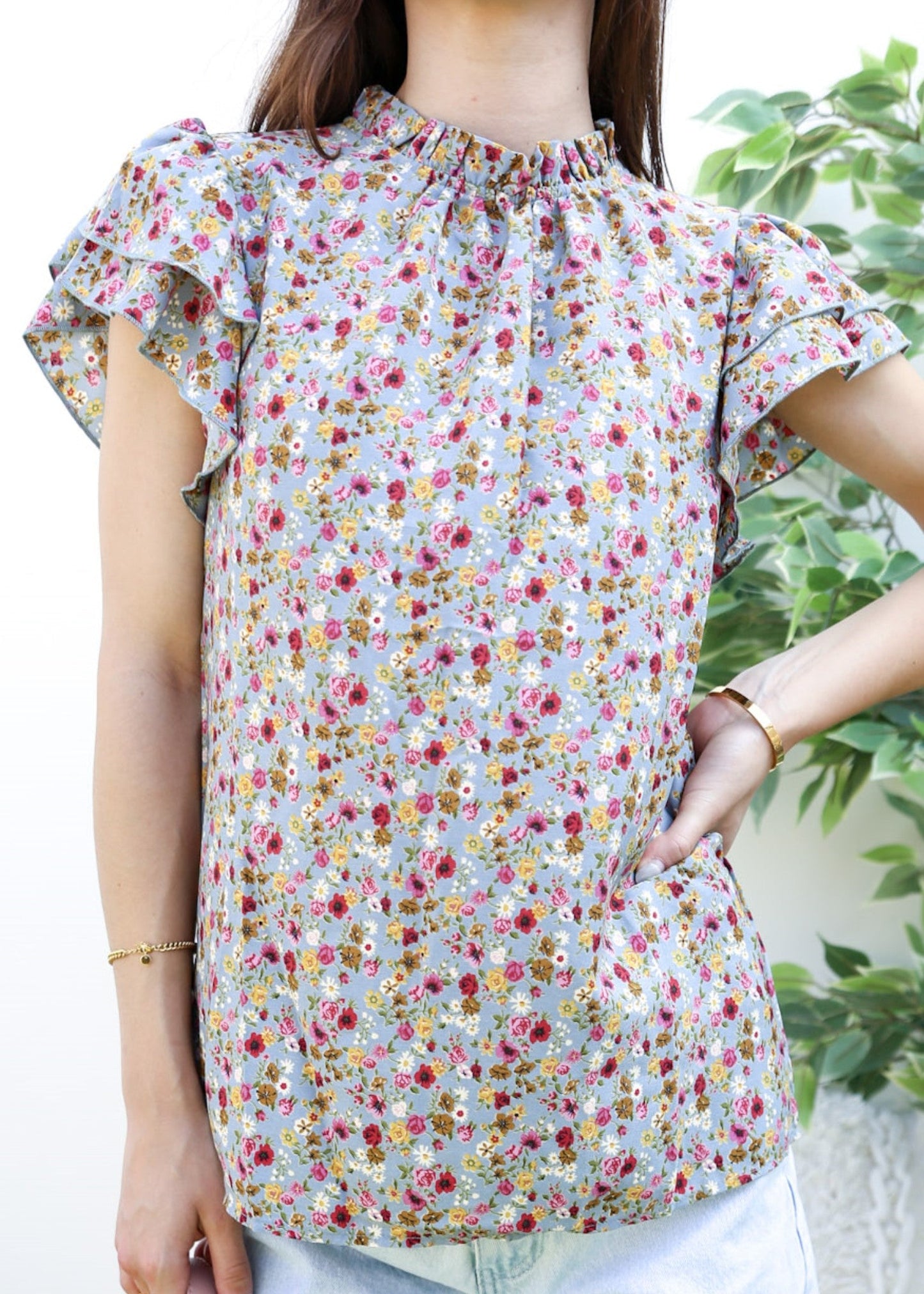 High Neck Tiered Sleeve Blouse