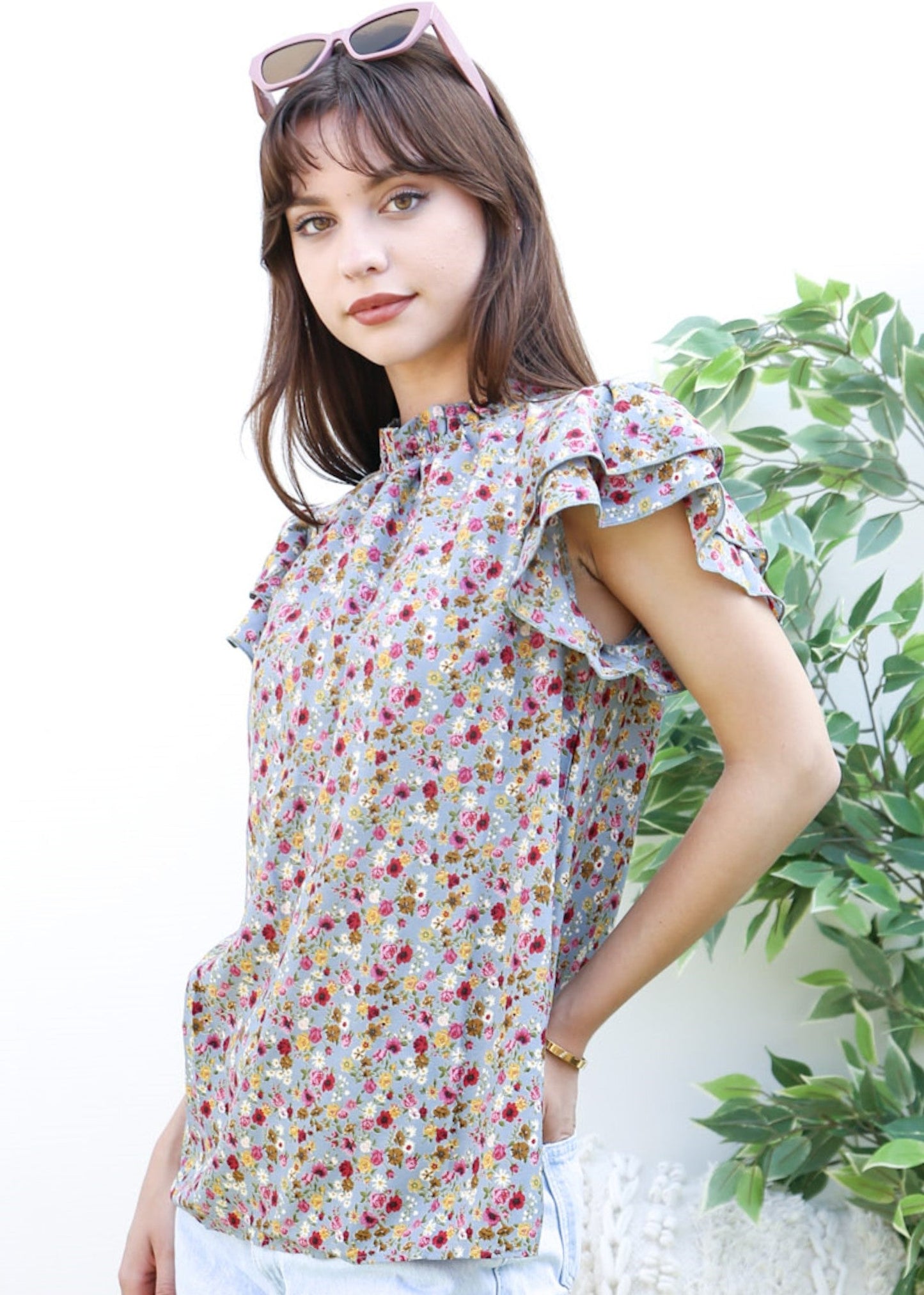 High Neck Tiered Sleeve Blouse