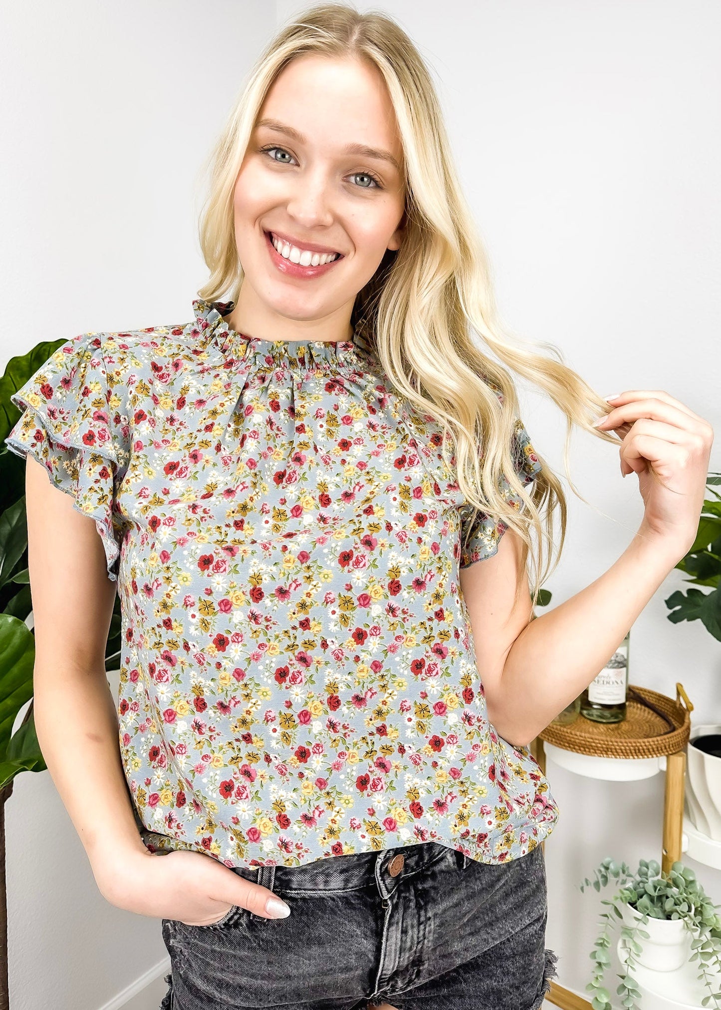 High Neck Tiered Sleeve Blouse