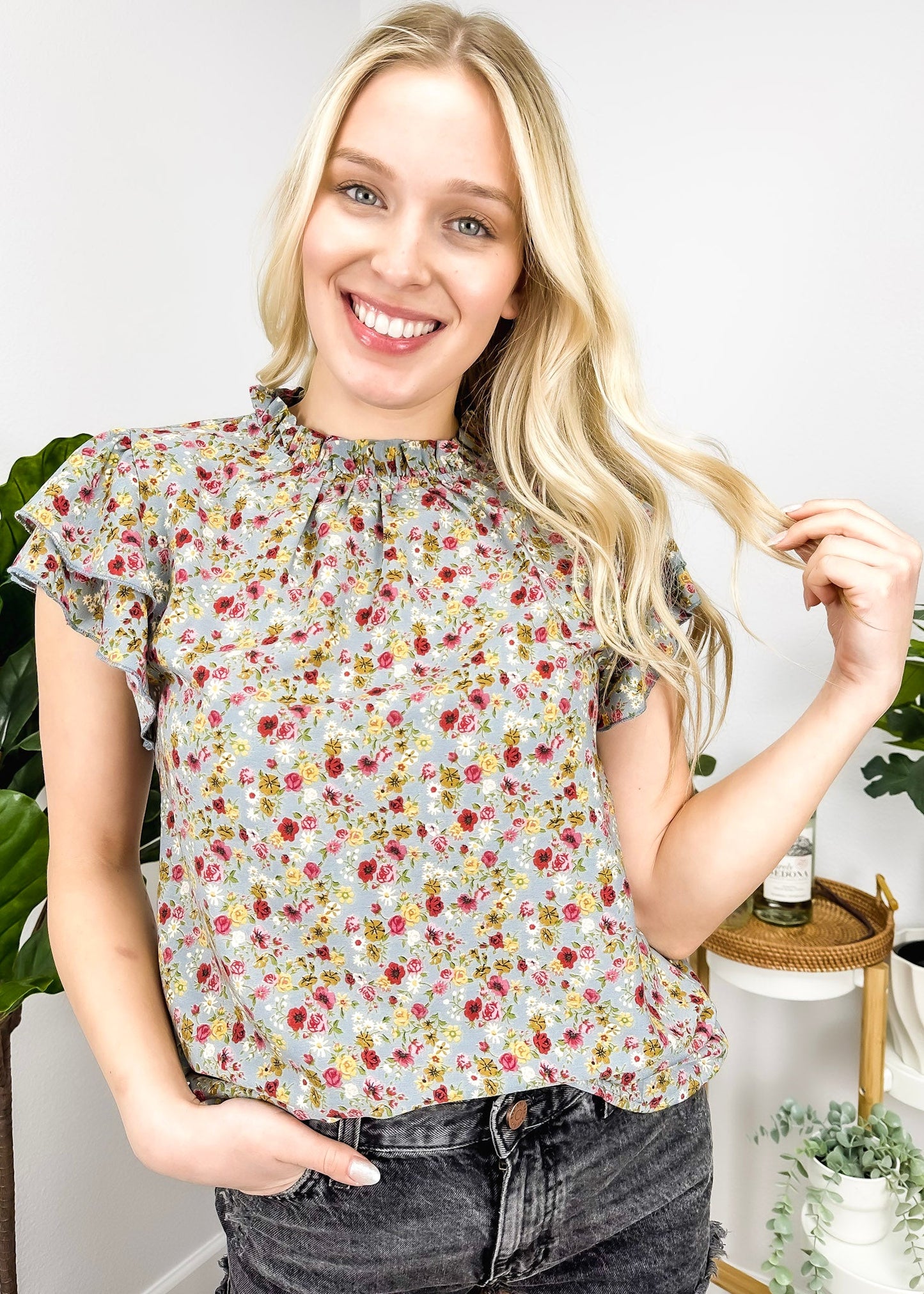 High Neck Tiered Sleeve Blouse