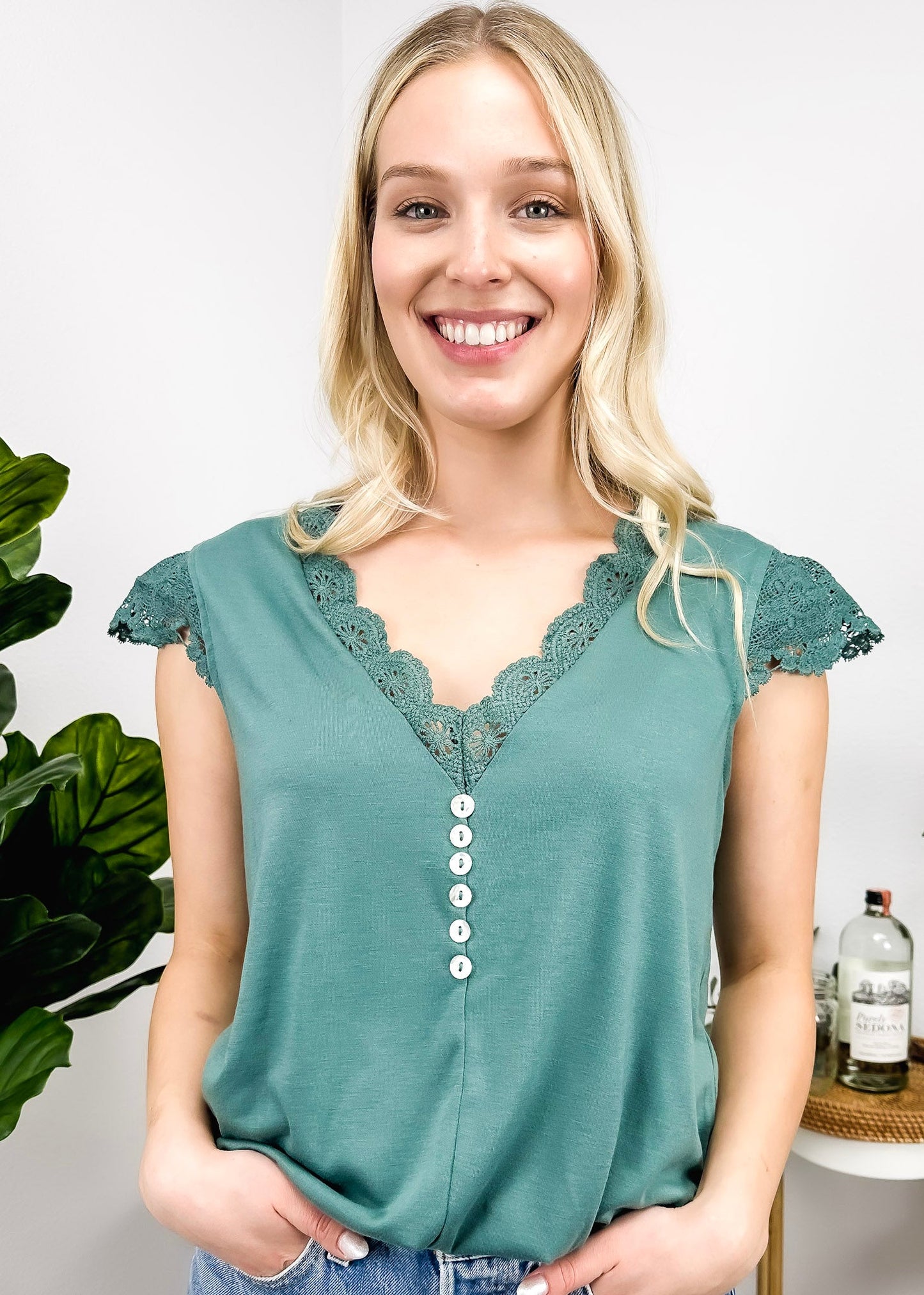 Scallop Lace Trim Button Top