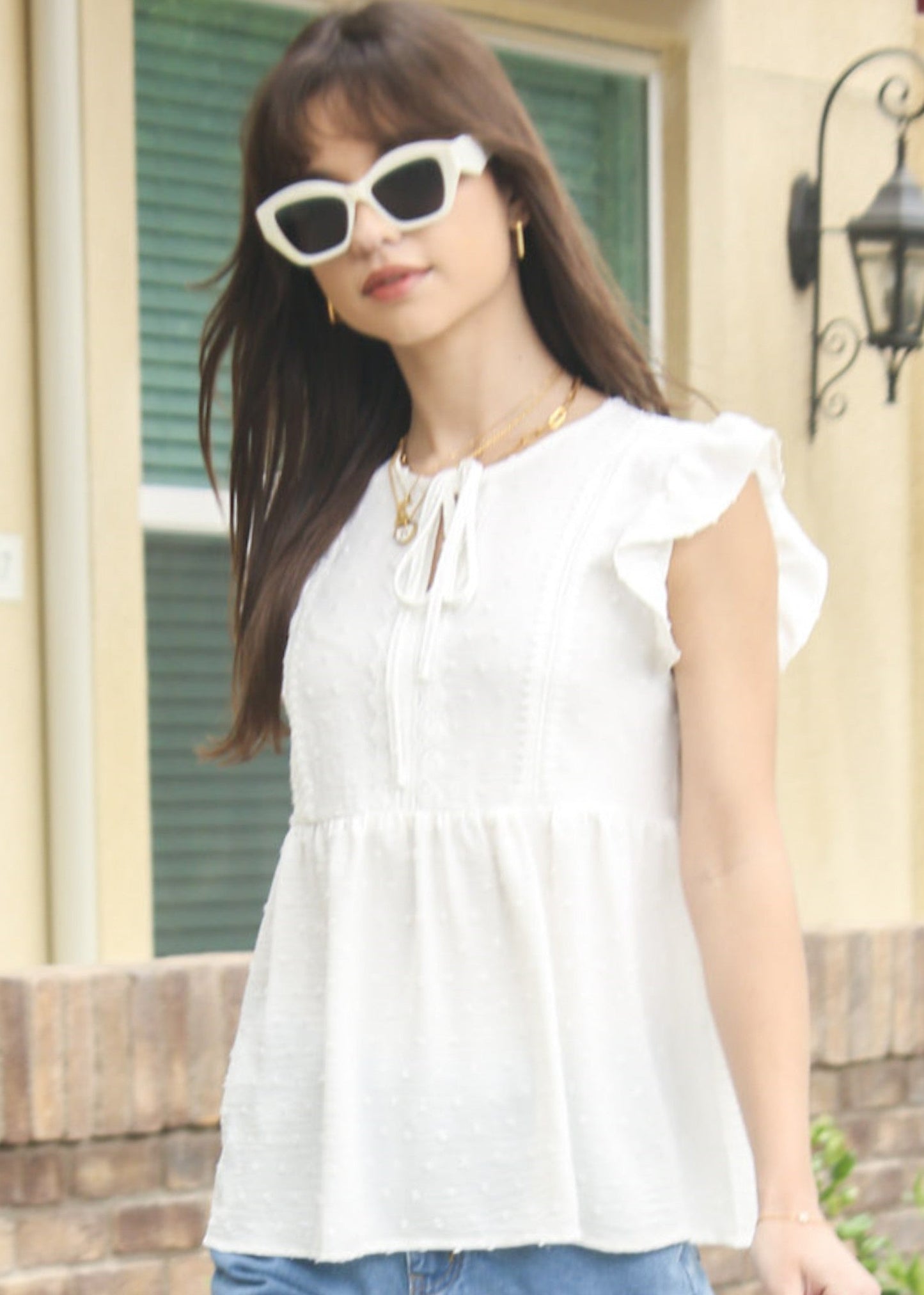 Ruffle Sleeve Swiss Dot Blouse