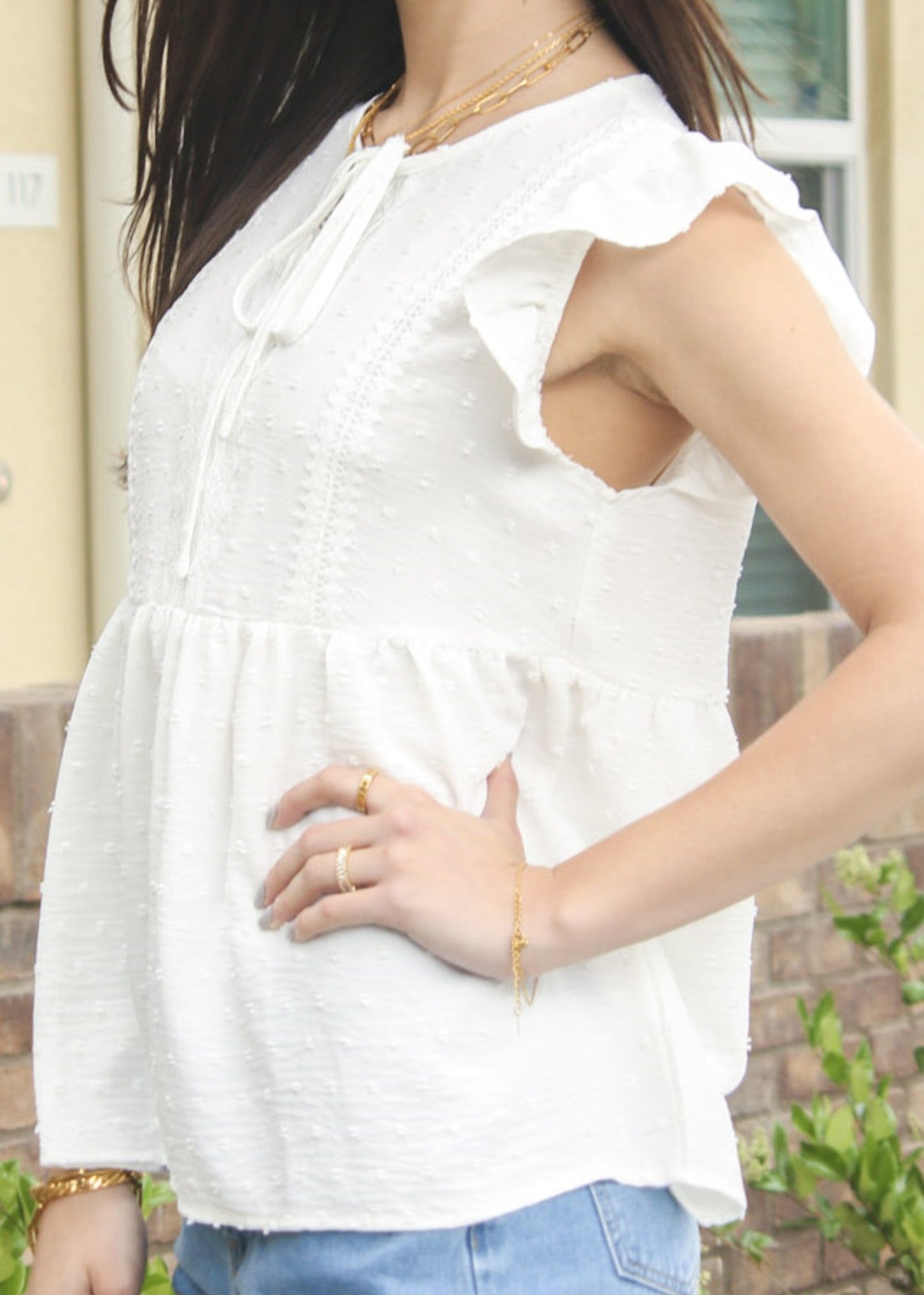 Ruffle Sleeve Swiss Dot Blouse