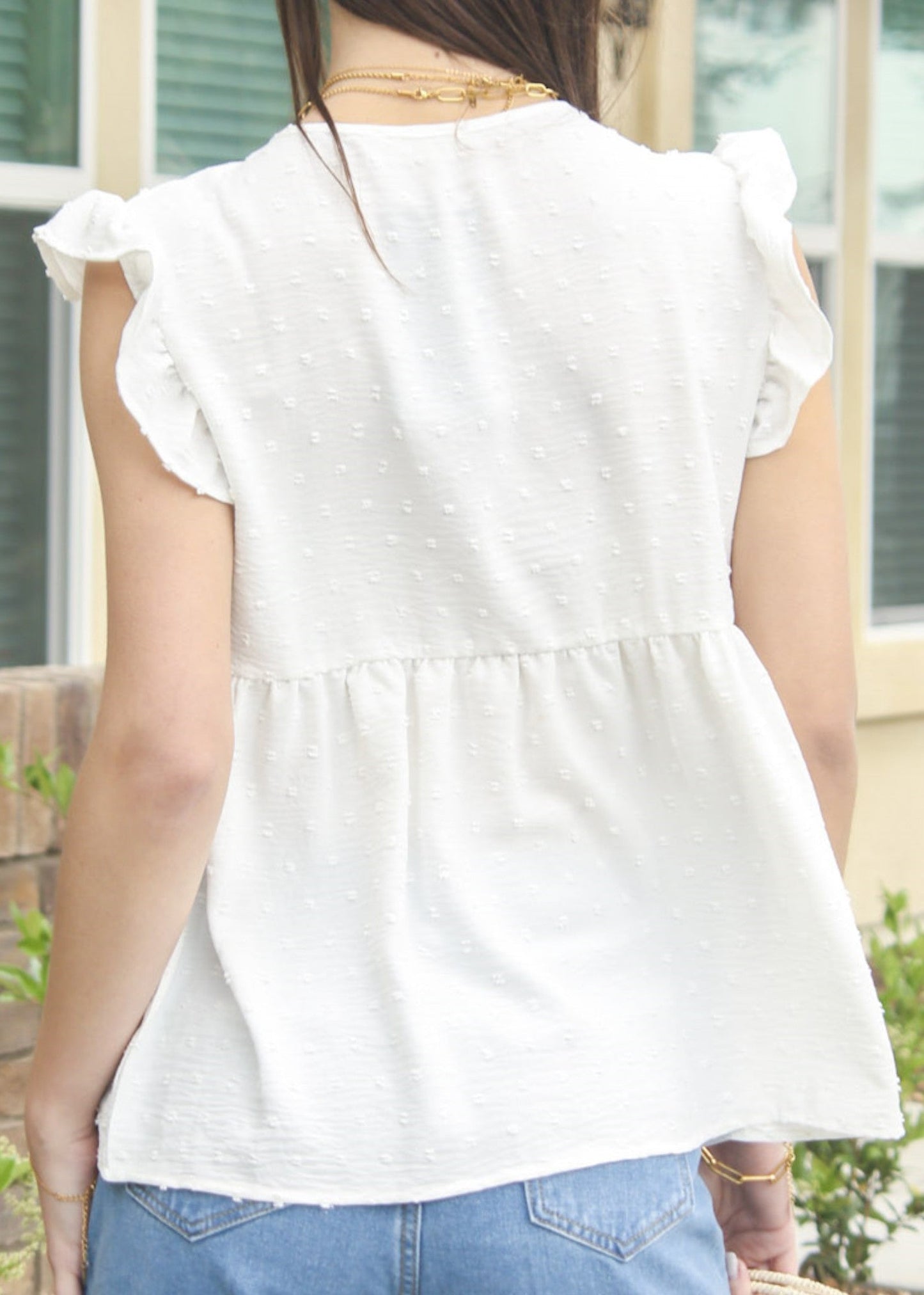 Ruffle Sleeve Swiss Dot Blouse