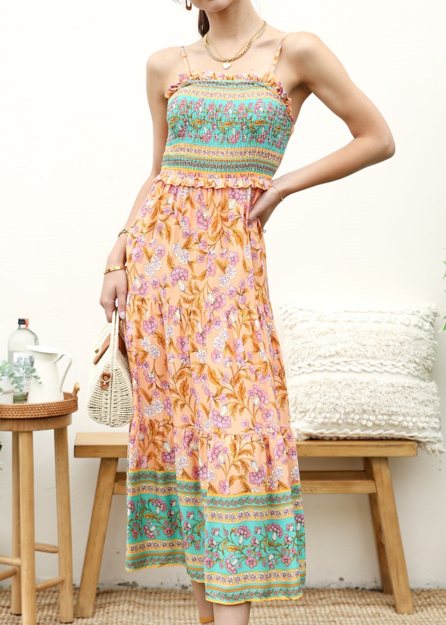 Ruffle Detail Tiered Bohemian Dress