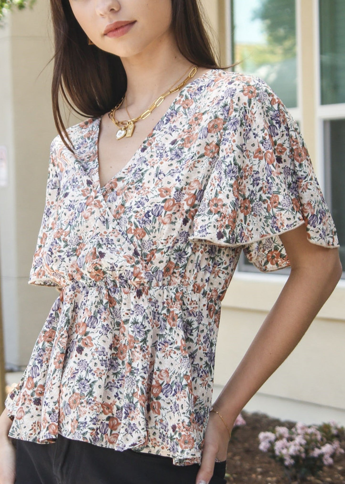 Floral Flutter Sleeve Peplum Top