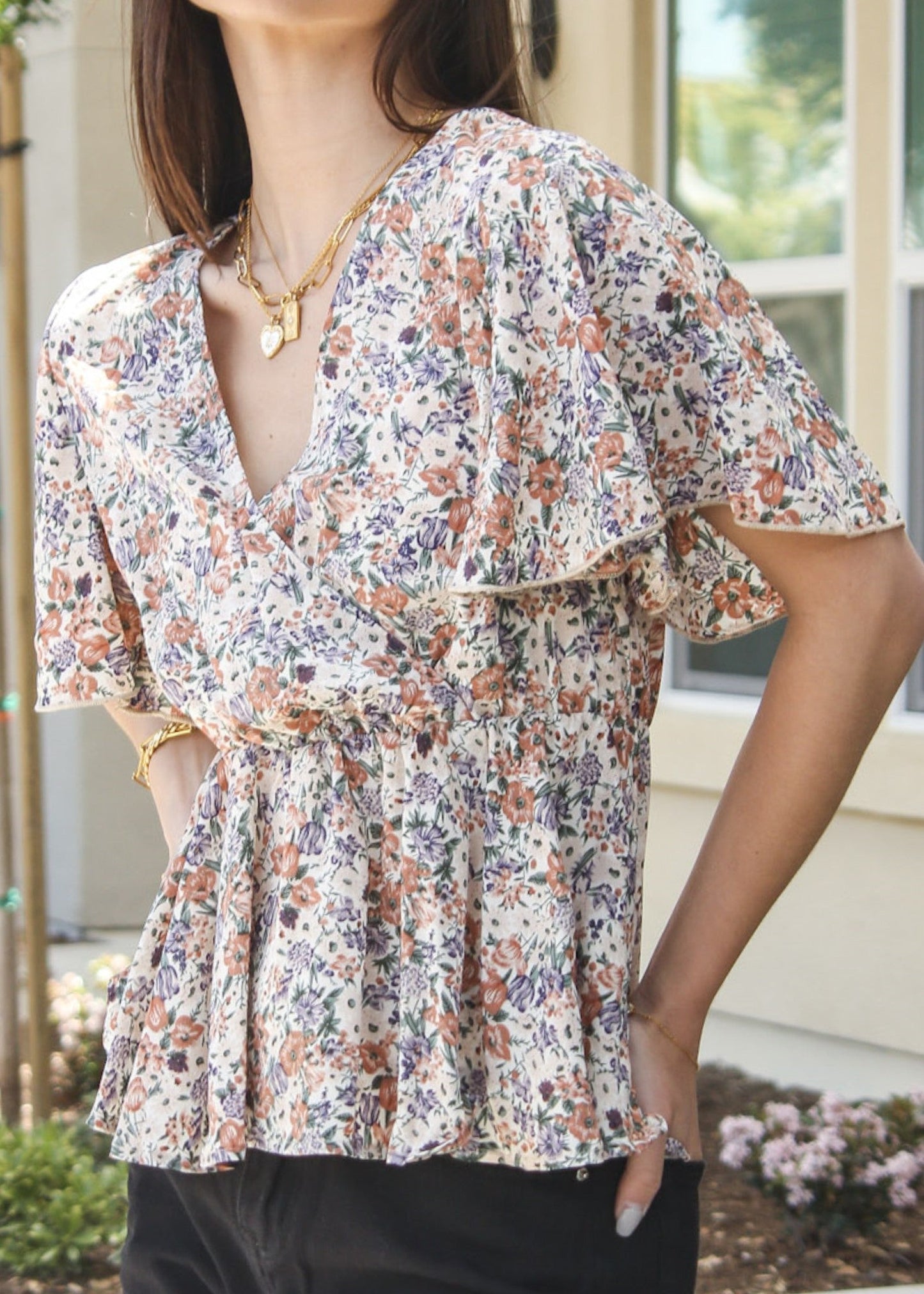 Floral Flutter Sleeve Peplum Top