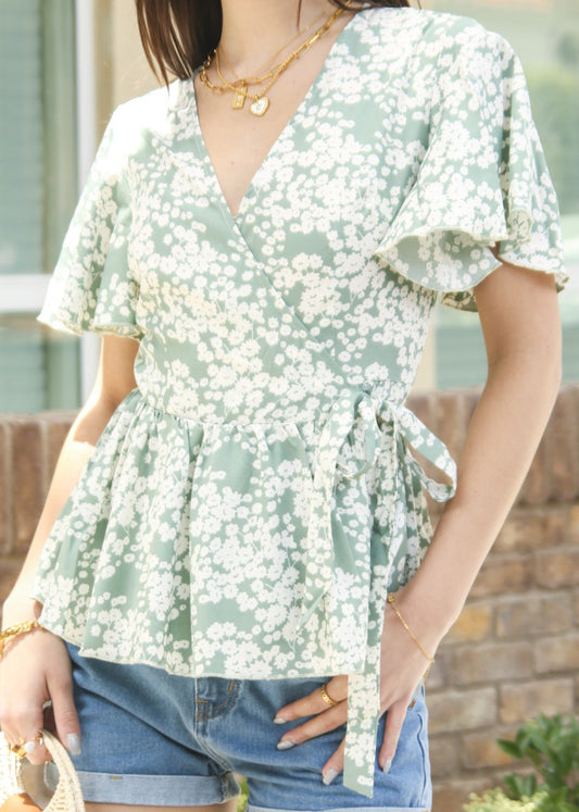 Floral Flutter Sleeve Wrap Top