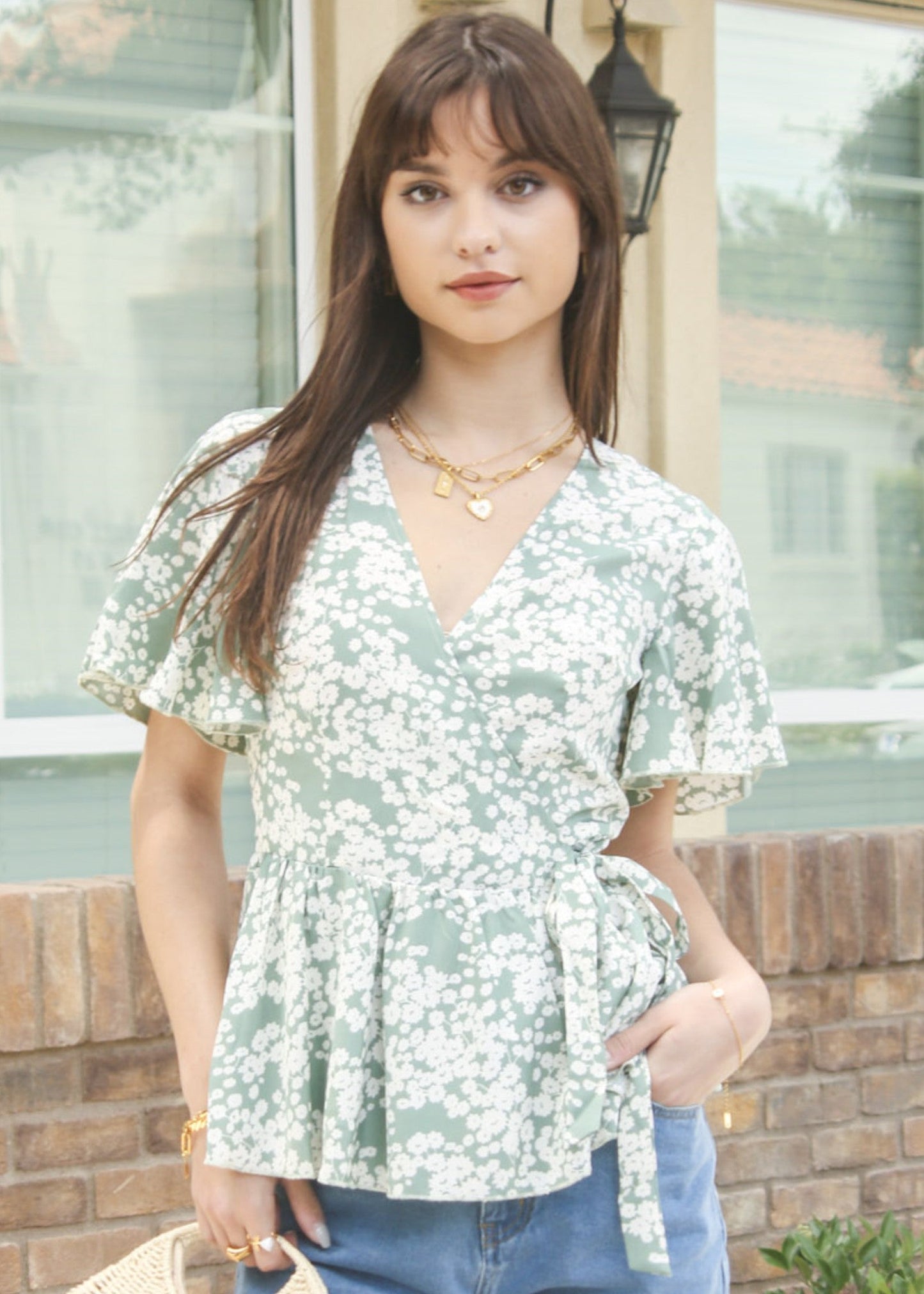 Floral Flutter Sleeve Wrap Top