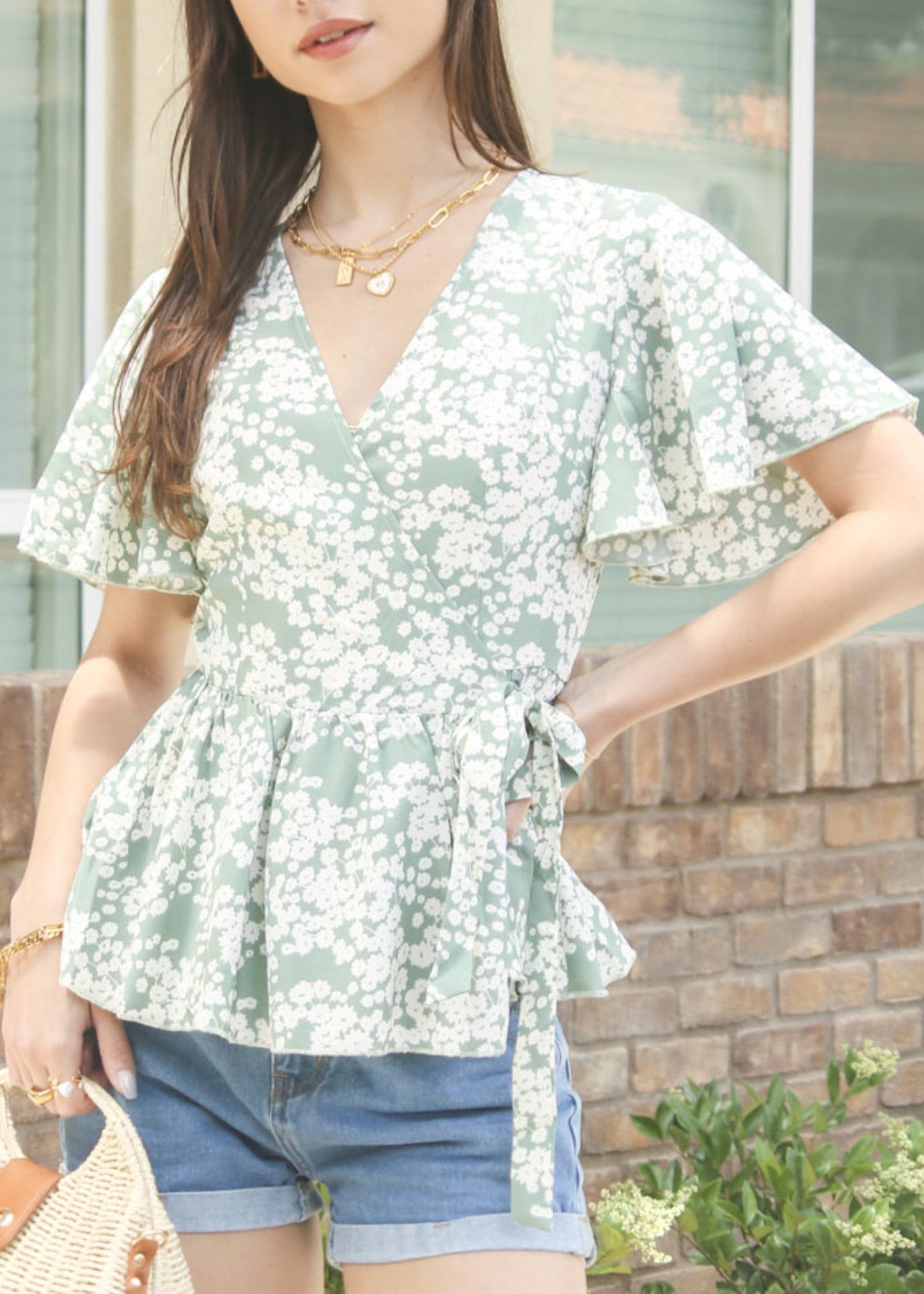 Floral Flutter Sleeve Wrap Top