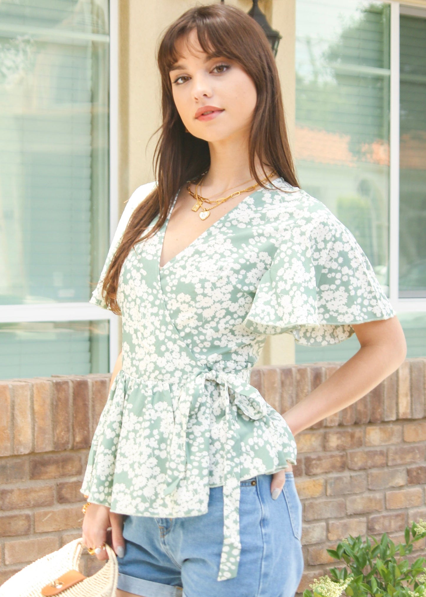 Floral Flutter Sleeve Wrap Top