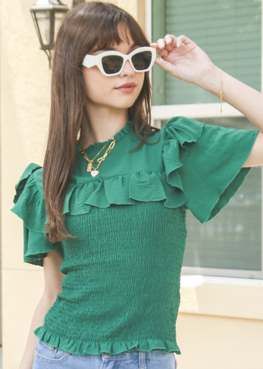 Tiered Ruffle Sleeve Shirred Top