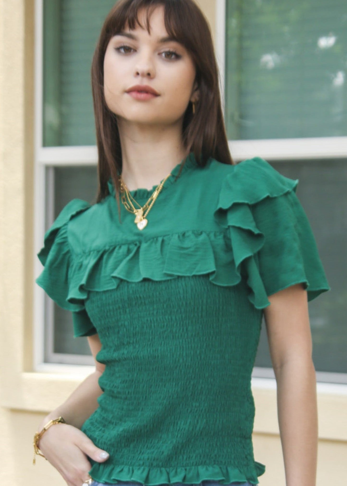 Tiered Ruffle Sleeve Shirred Top