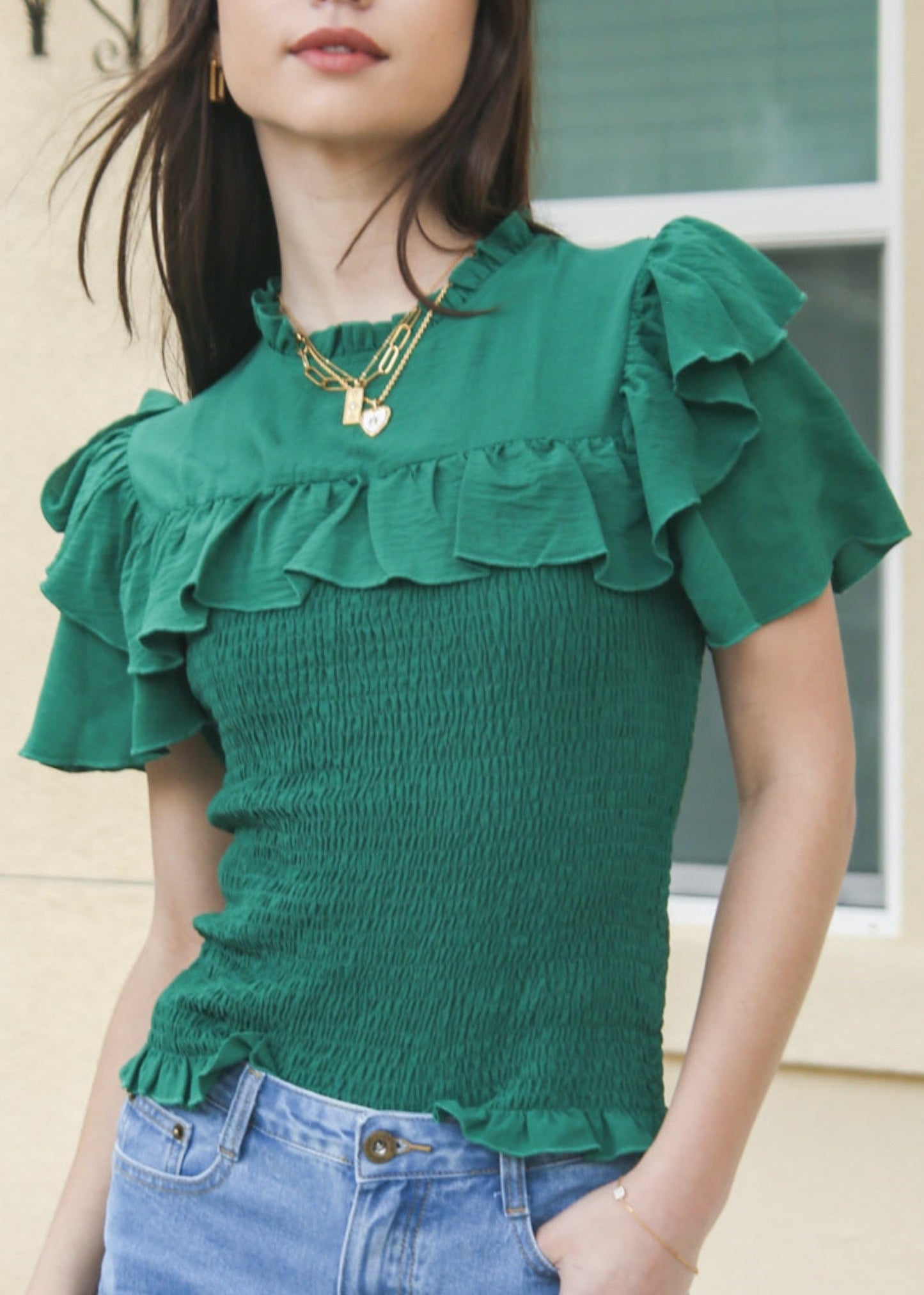 Tiered Ruffle Sleeve Shirred Top