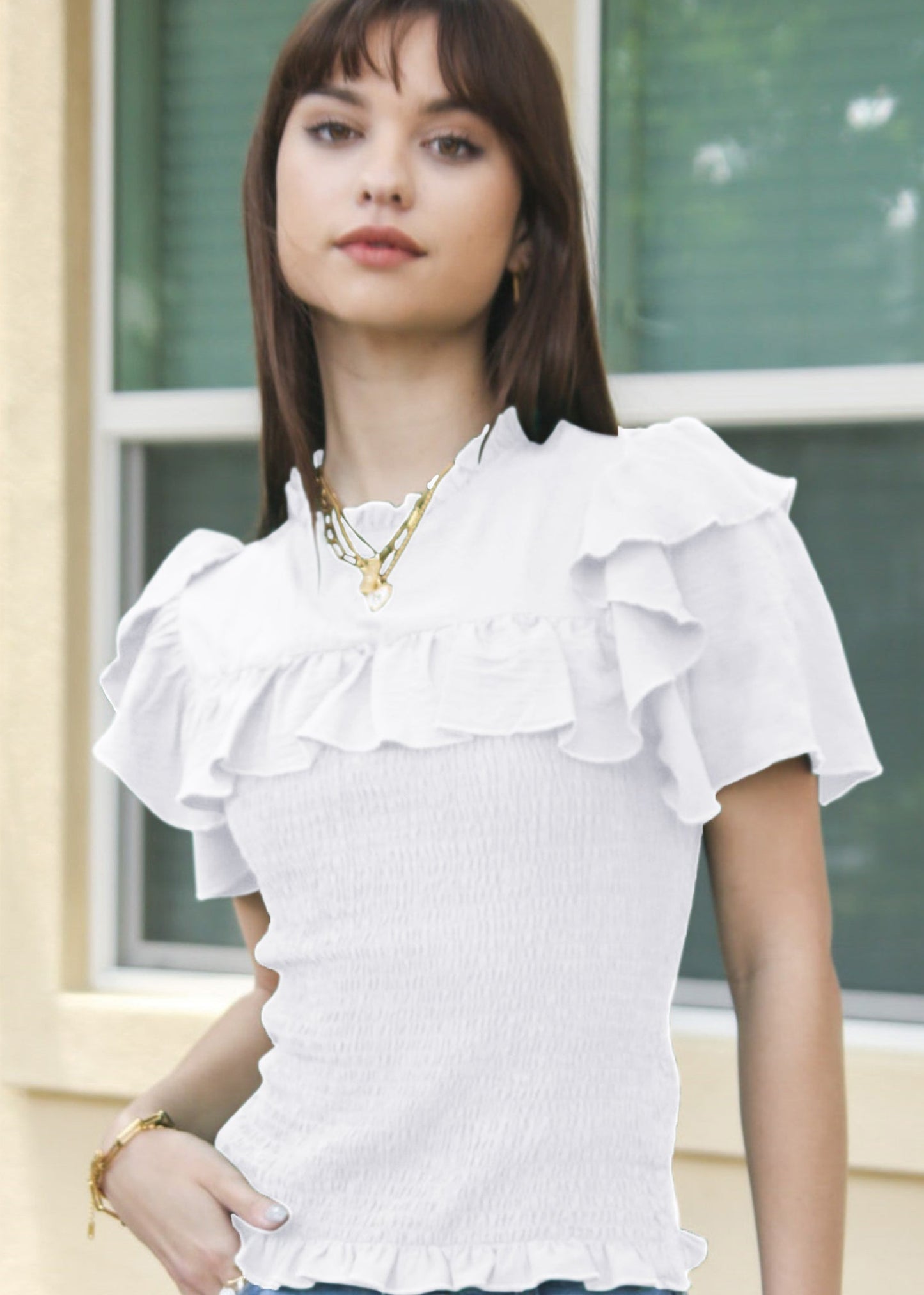 Tiered Ruffle Sleeve Shirred Top