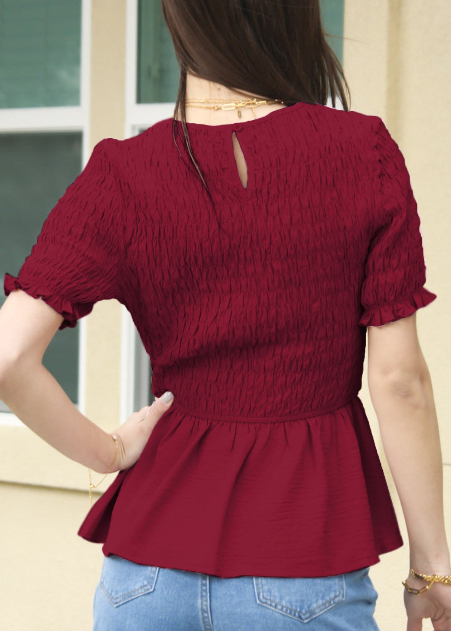 Round Neck Shirred Peplum Blouse