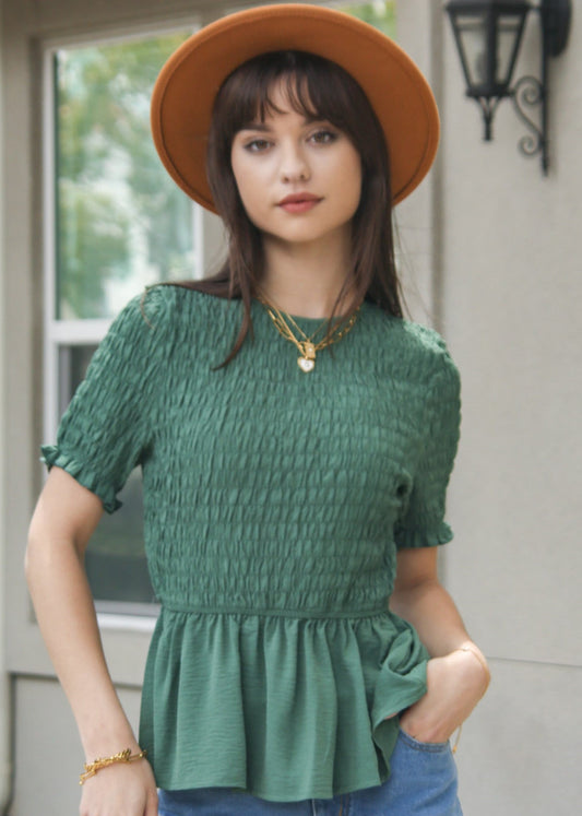 Round Neck Shirred Peplum Blouse