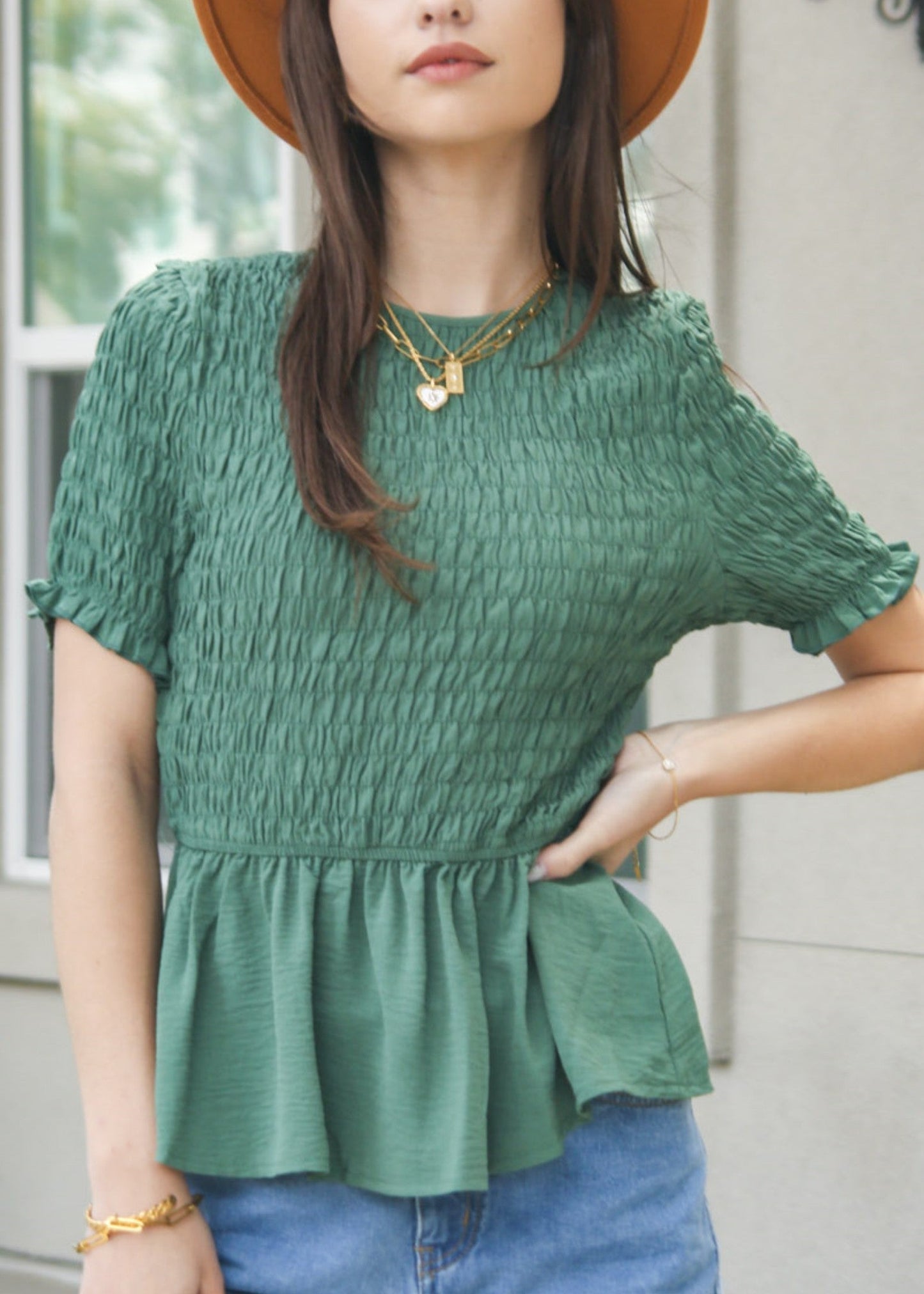 Round Neck Shirred Peplum Blouse