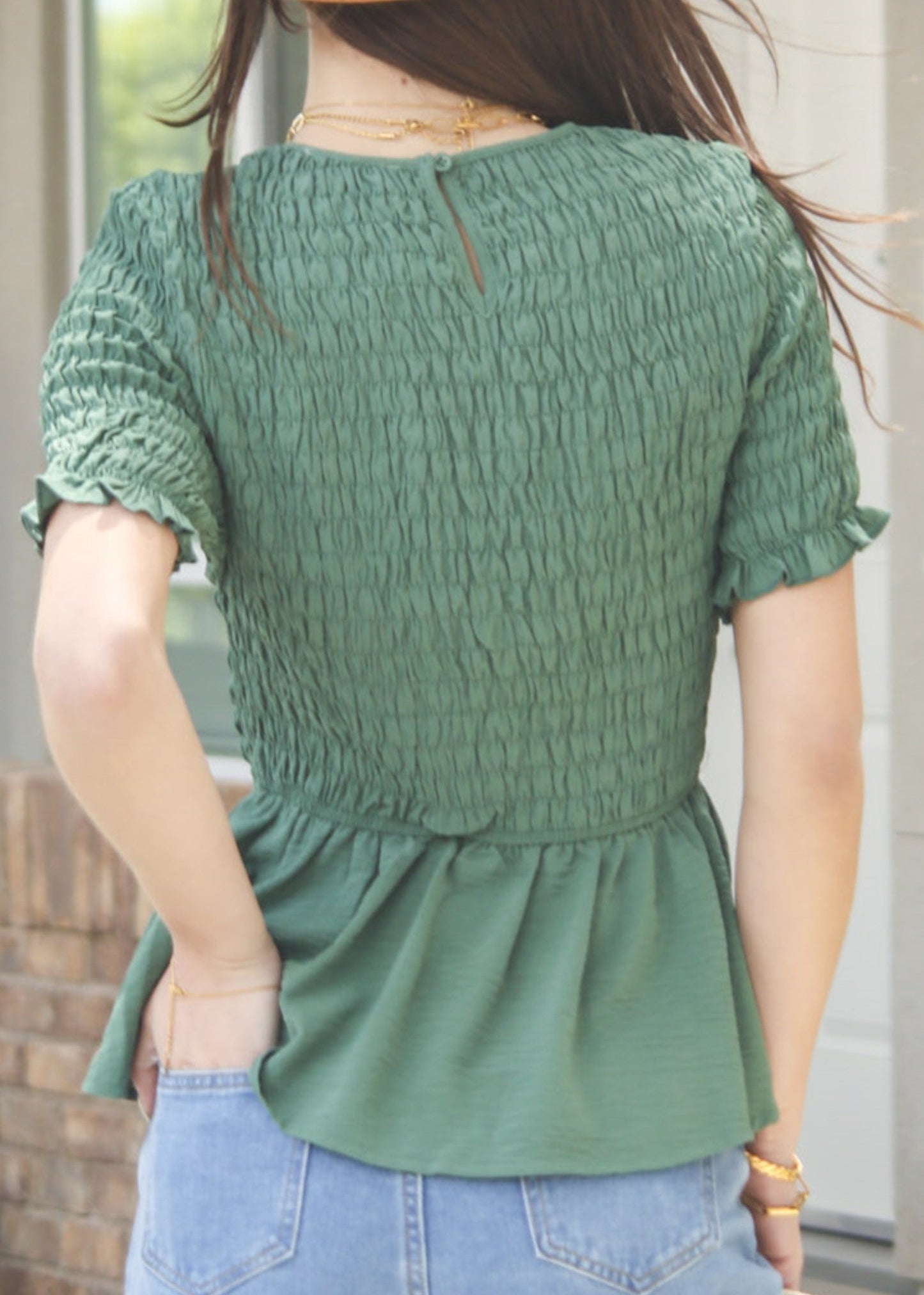 Round Neck Shirred Peplum Blouse