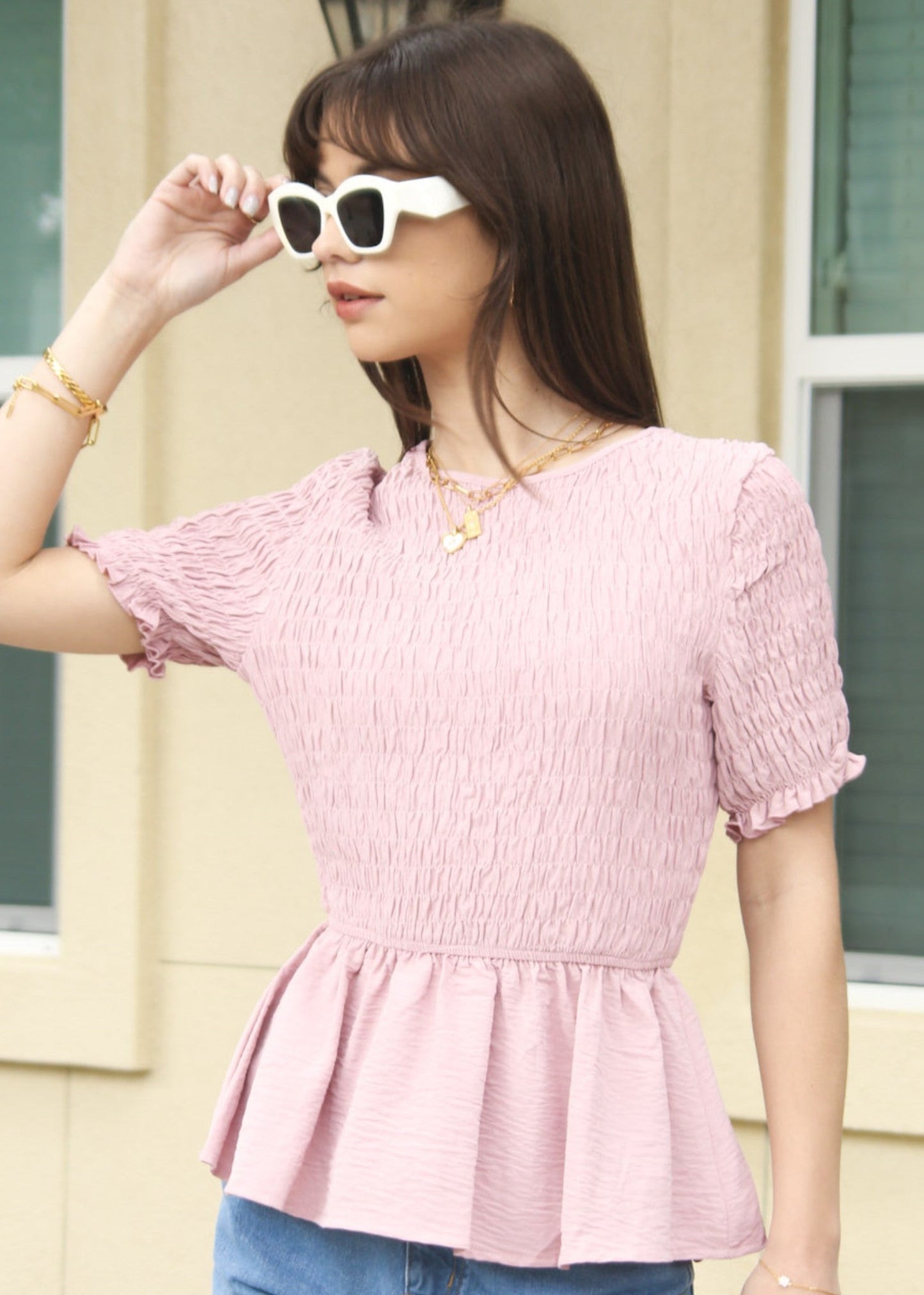 Round Neck Shirred Peplum Blouse