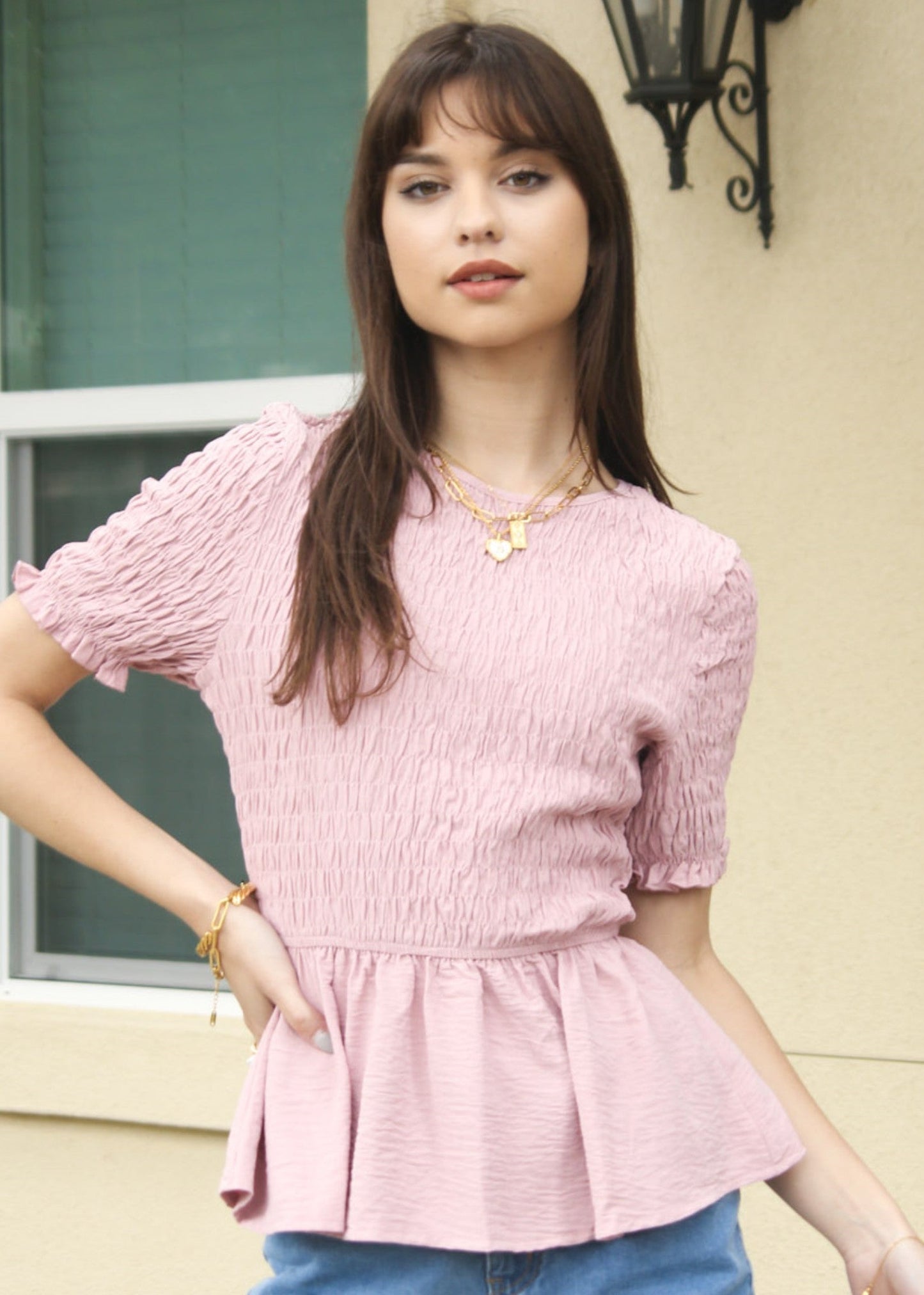 Round Neck Shirred Peplum Blouse