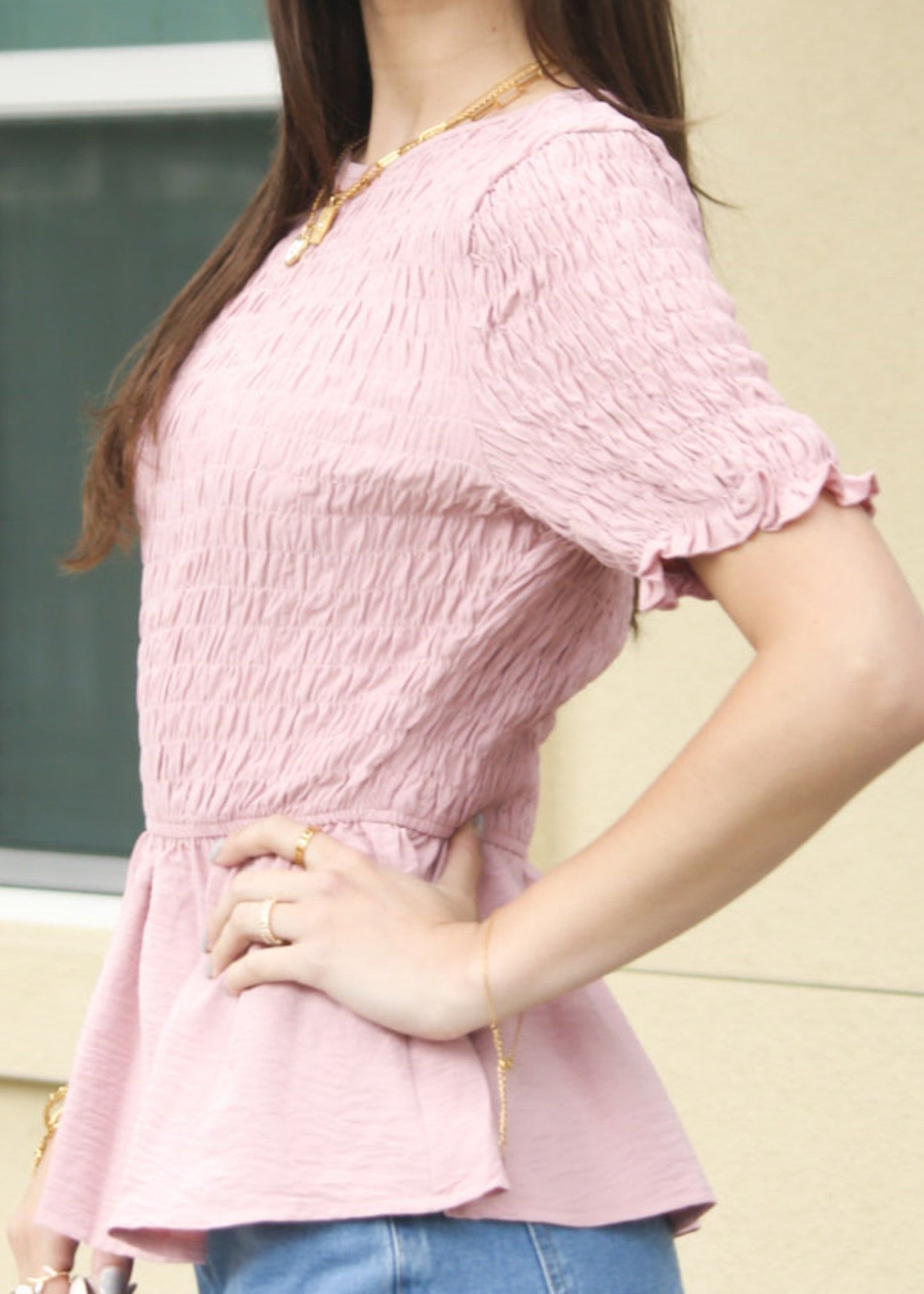 Round Neck Shirred Peplum Blouse