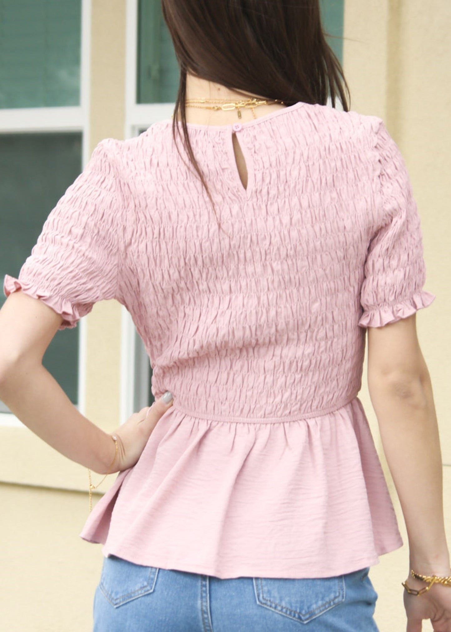 Round Neck Shirred Peplum Blouse