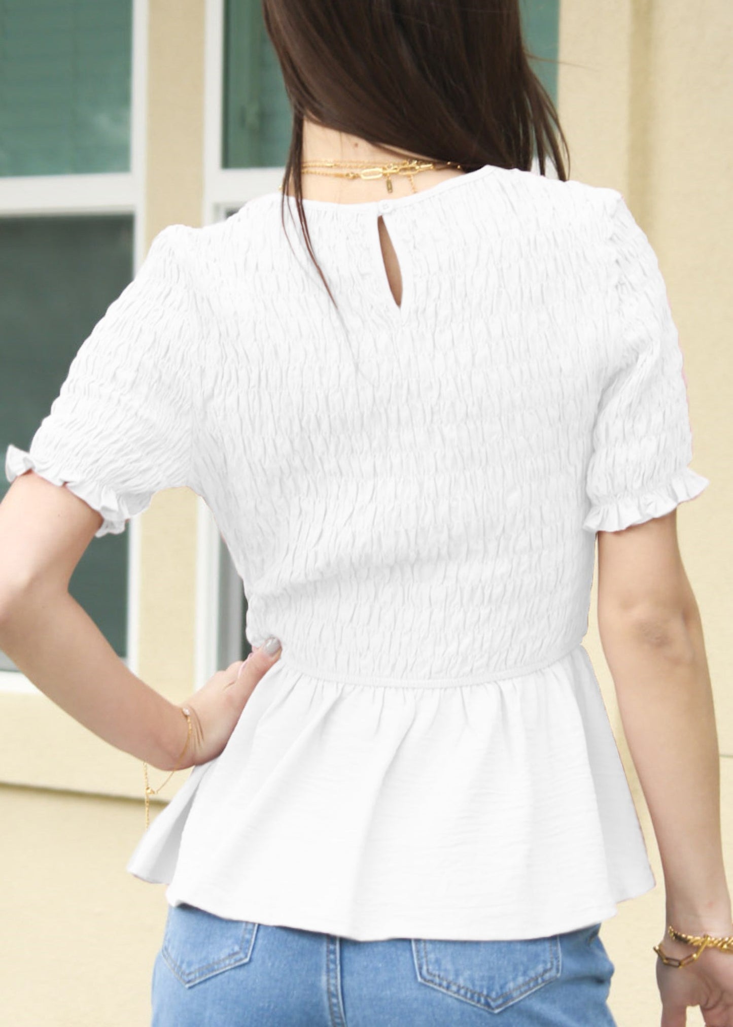 Round Neck Shirred Peplum Blouse