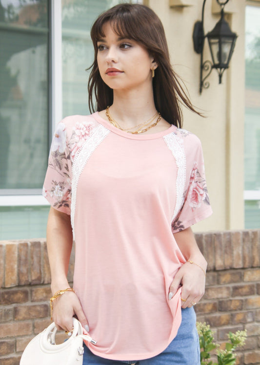 Floral Sleeve Lace Trim Top