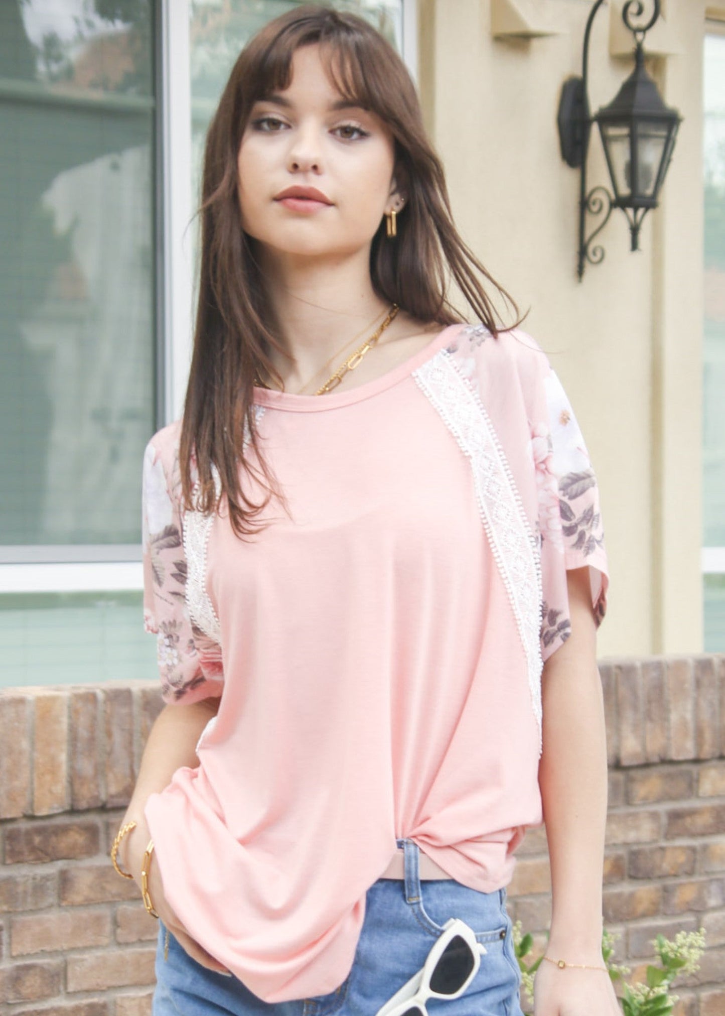 Floral Sleeve Lace Trim Top