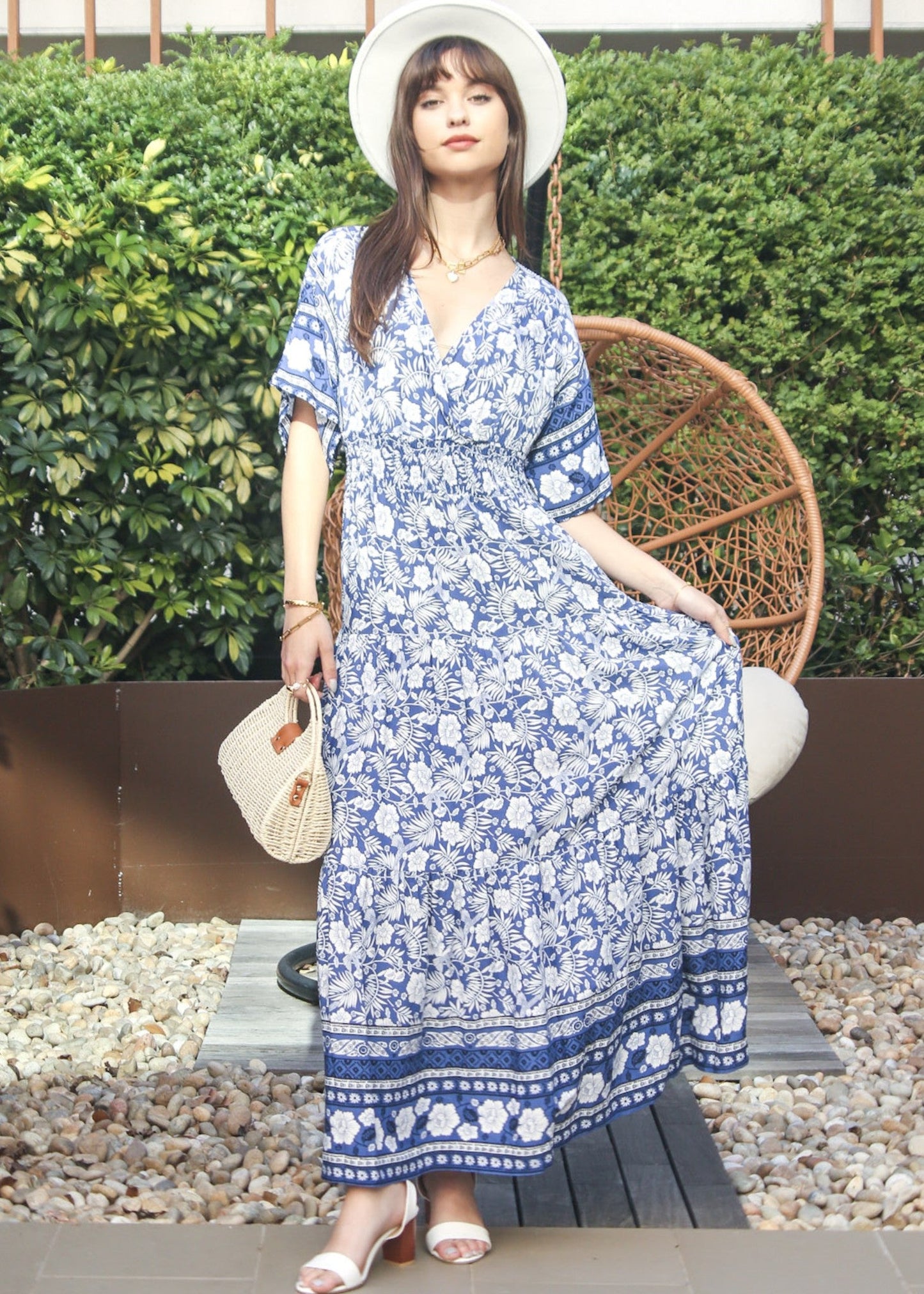 V Neck Tropical Floral Dress