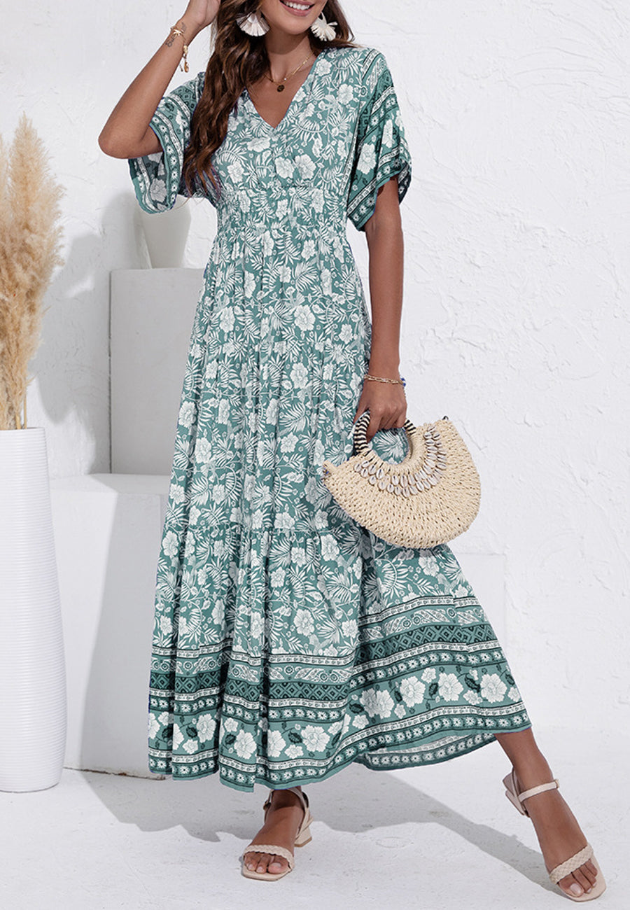V Neck Tropical Floral Dress