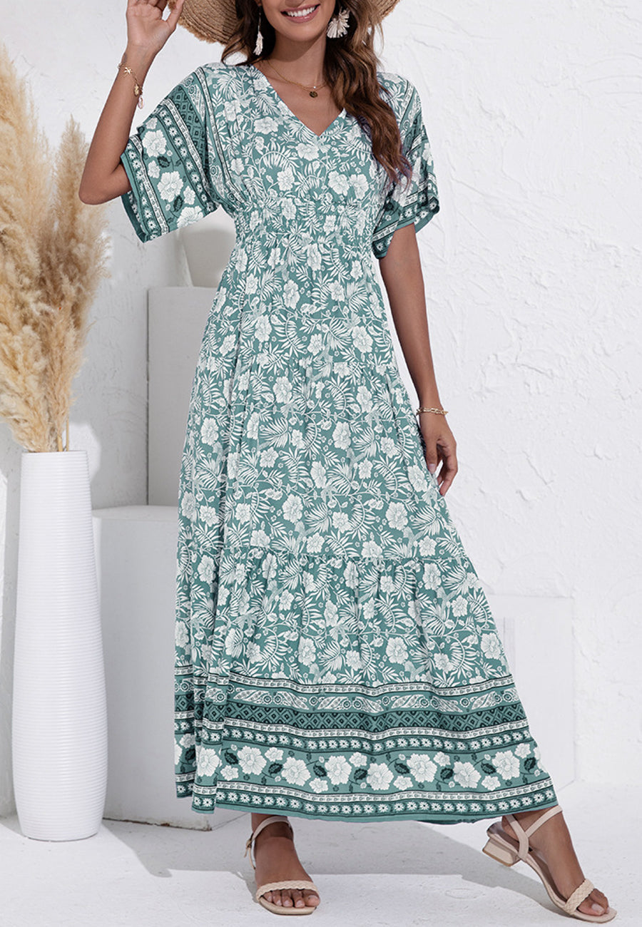 V Neck Tropical Floral Dress
