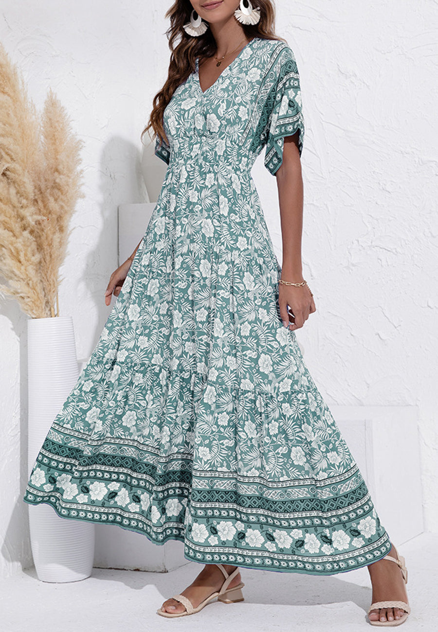 V Neck Tropical Floral Dress