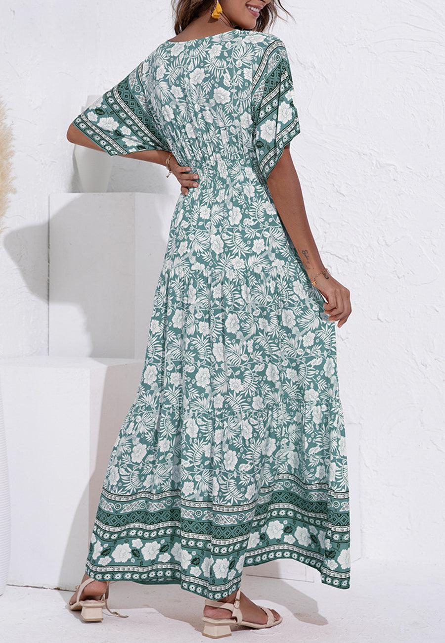 V Neck Tropical Floral Dress