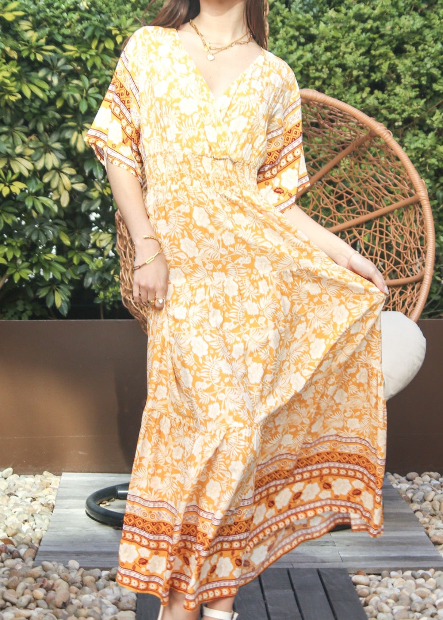 V Neck Tropical Floral Dress