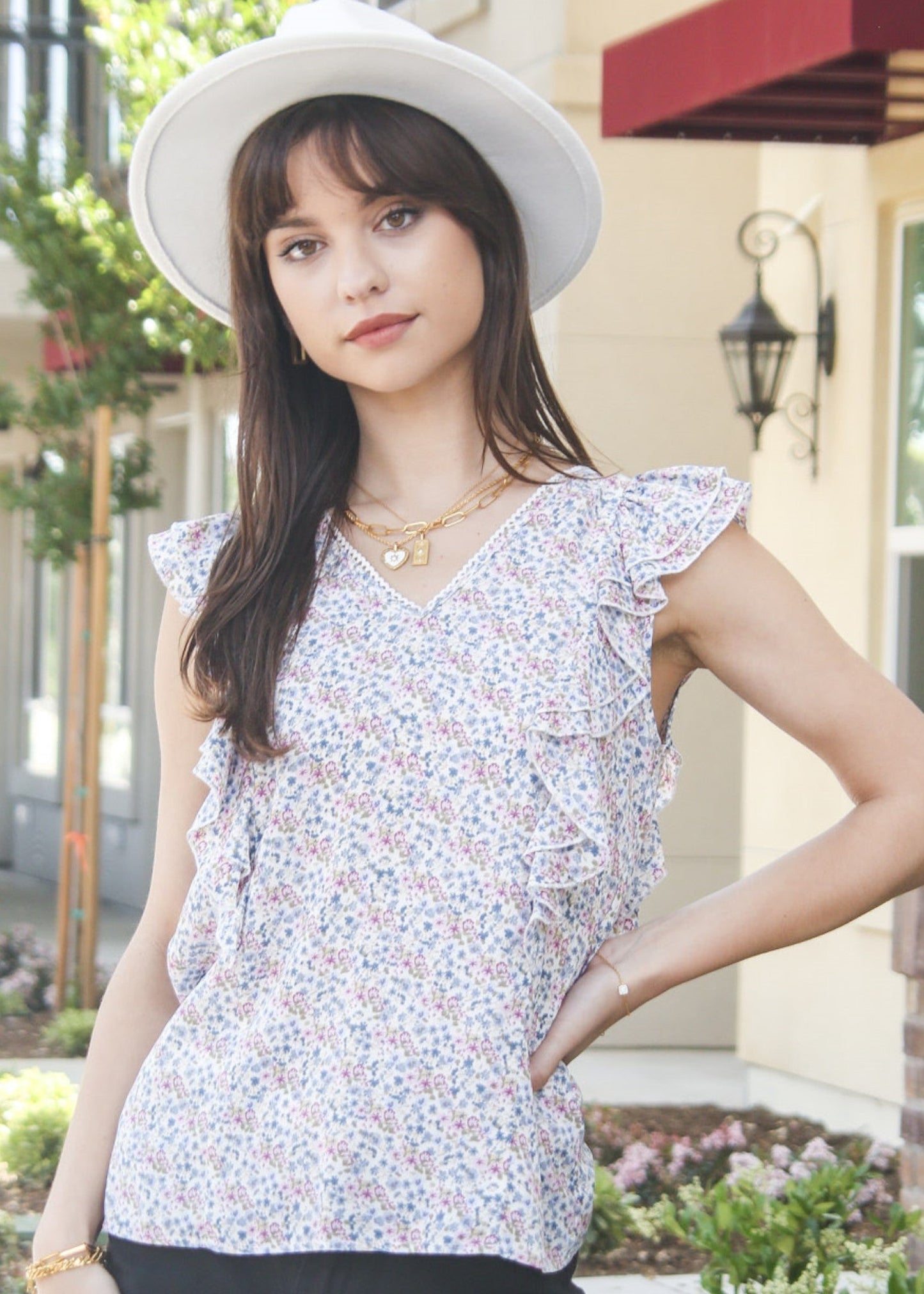 V Neck Ruffle Detail Spring Top